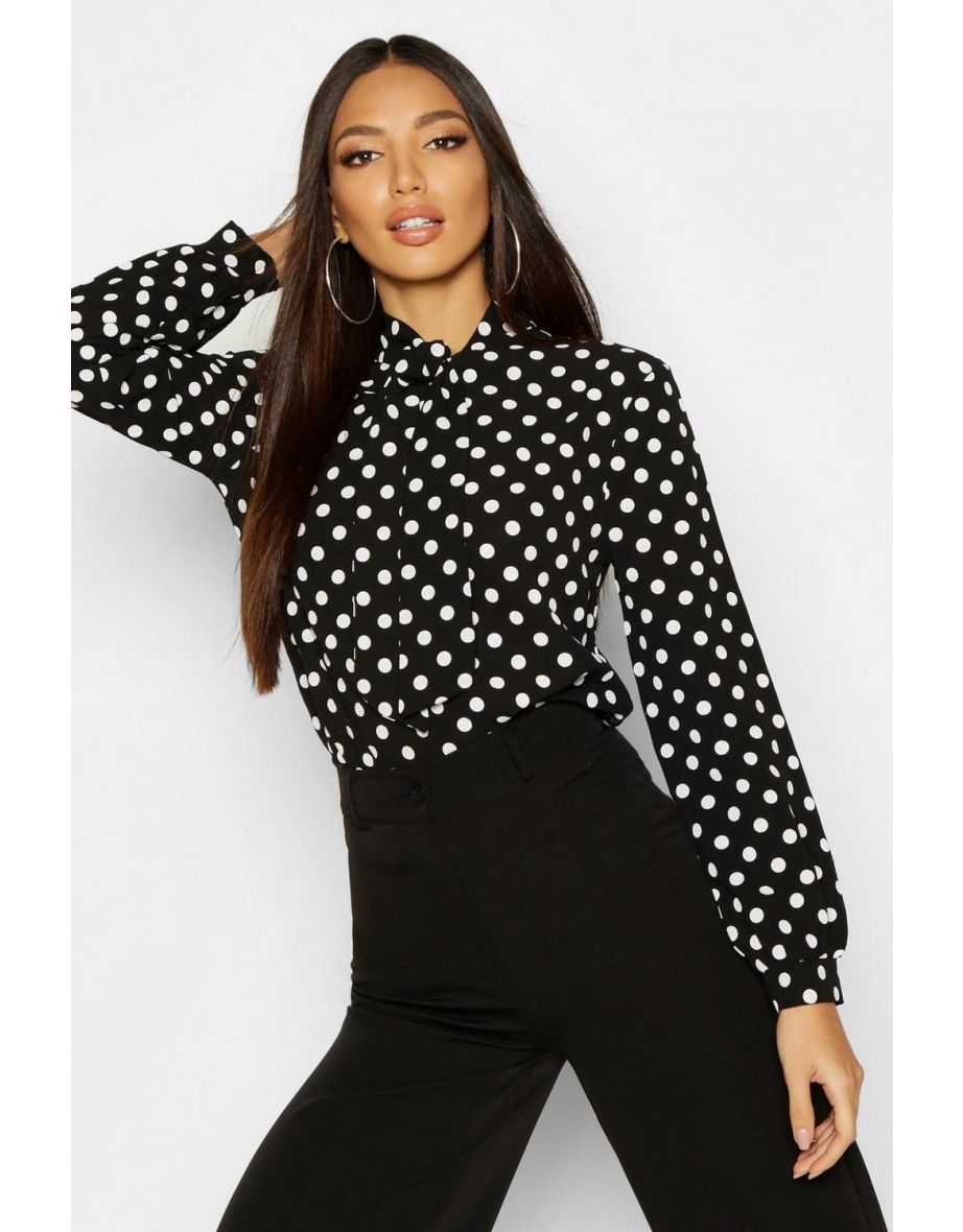 Bow Polka Dot High Neck Blouse - black