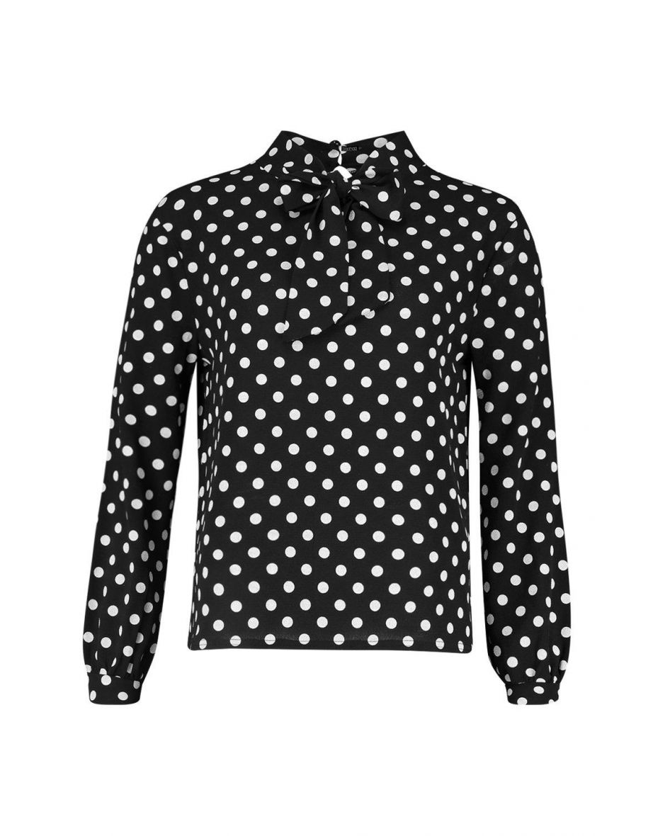 Bow Polka Dot High Neck Blouse - black - 1