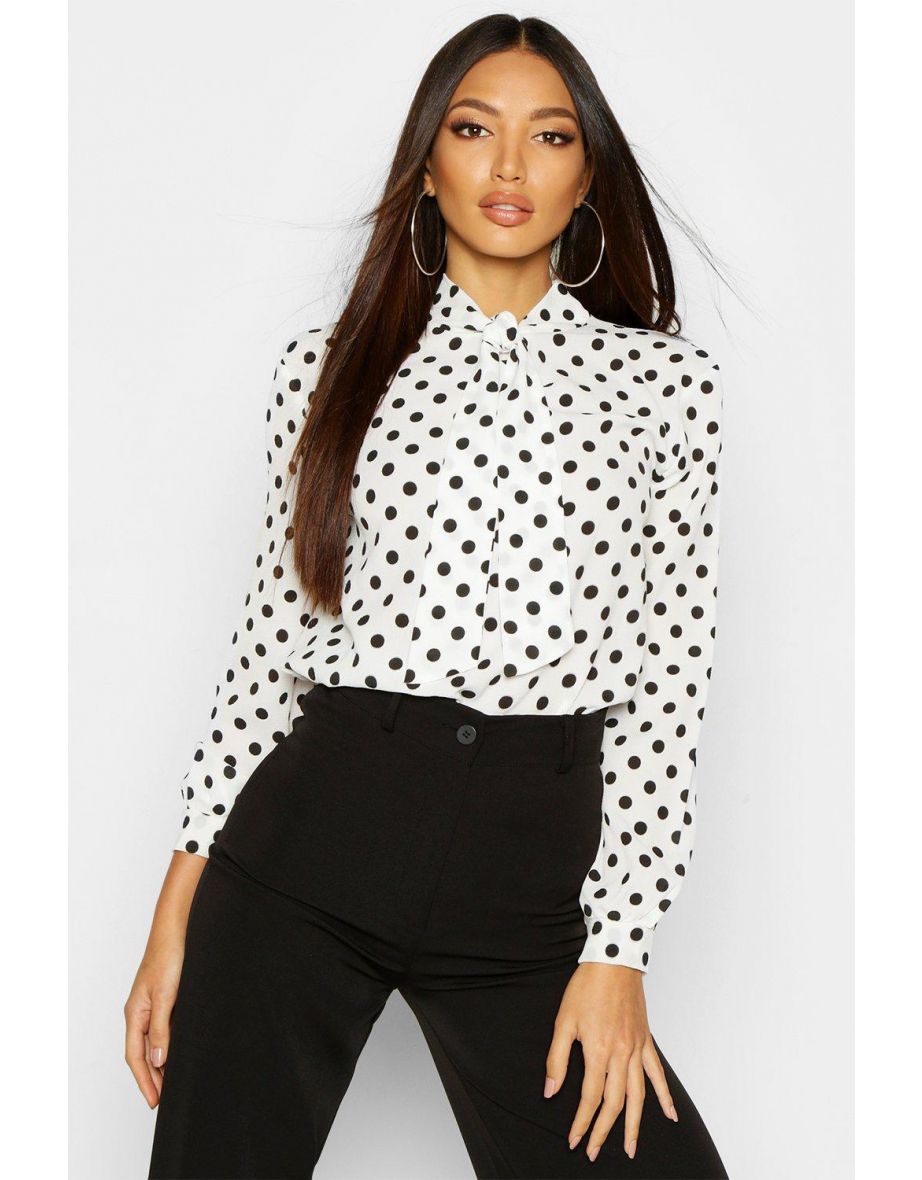 Bow Polka Dot High Neck Blouse - white