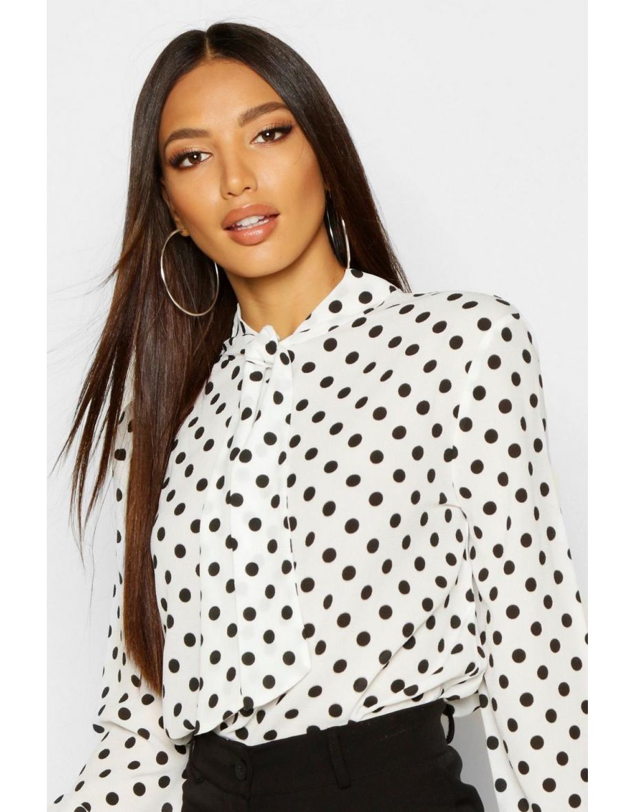Bow Polka Dot High Neck Blouse - white - 3