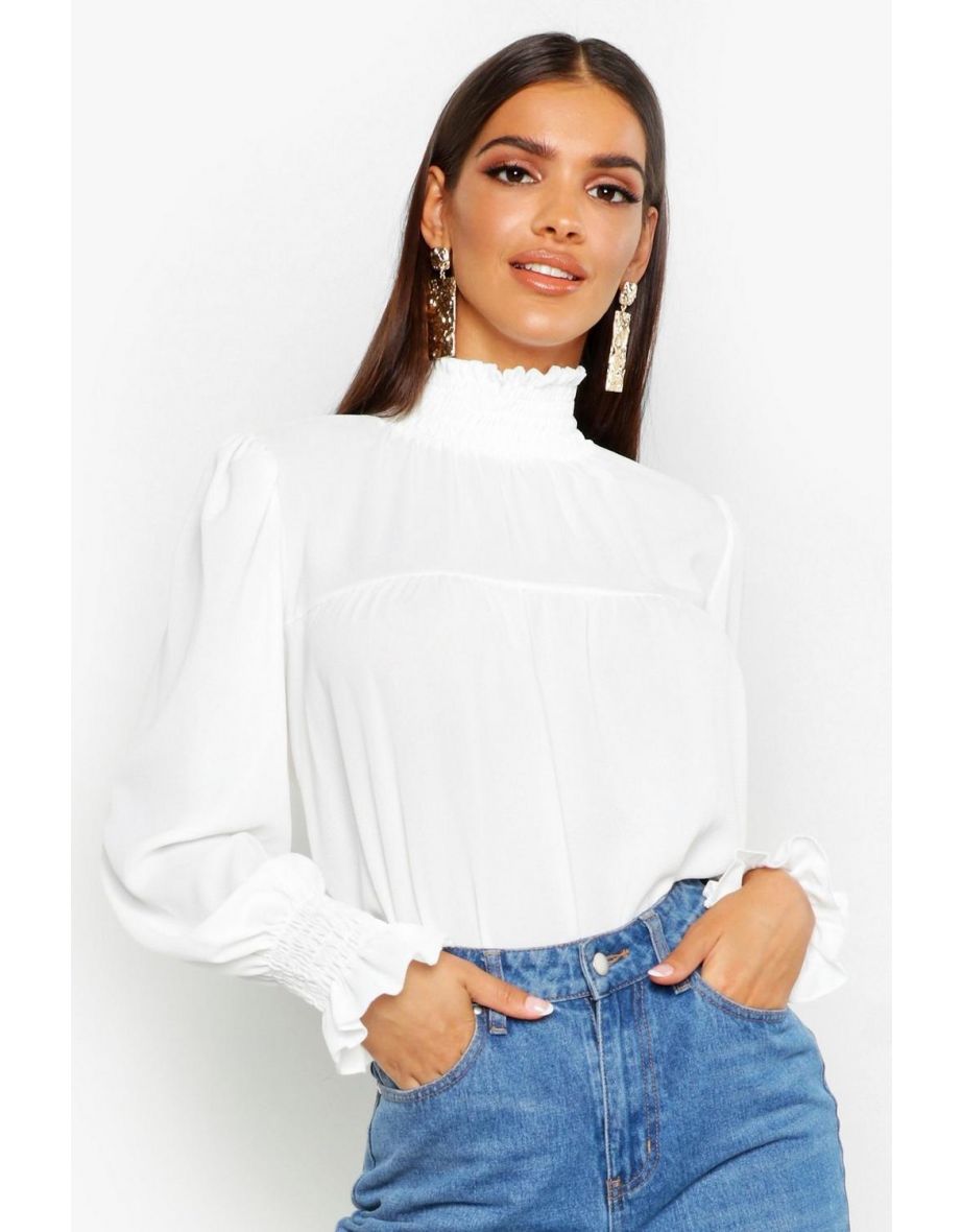 Shirred Neck Cuff Smock Top - white