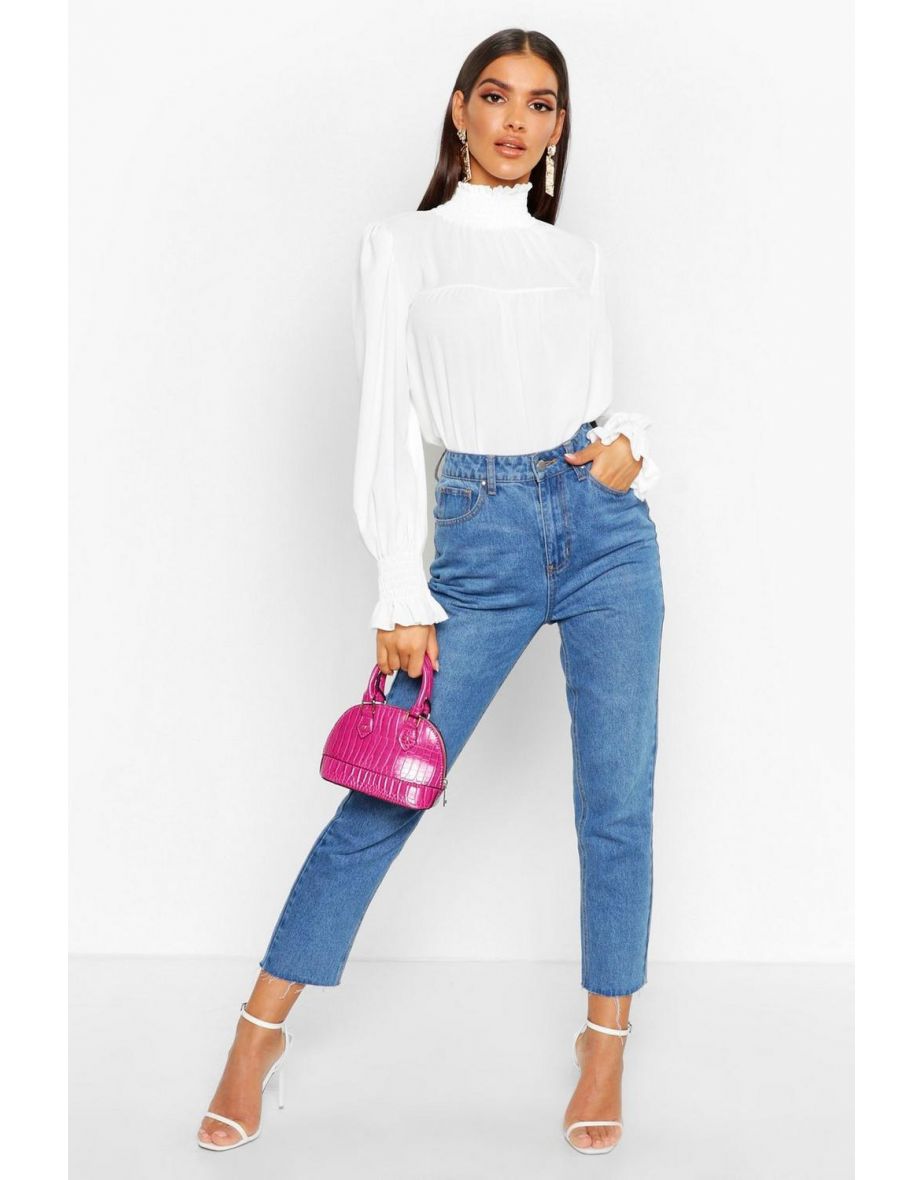 Shirred Neck Cuff Smock Top - white - 3