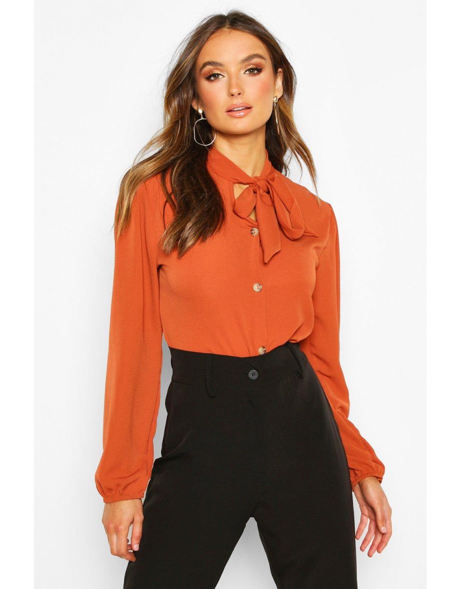 Bow Button Through Volume Sleeve Blouse - rust