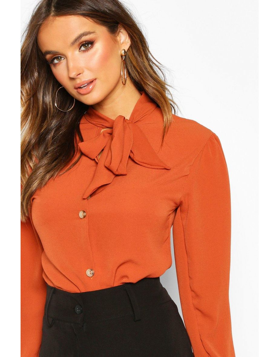 Bow Button Through Volume Sleeve Blouse - rust - 3