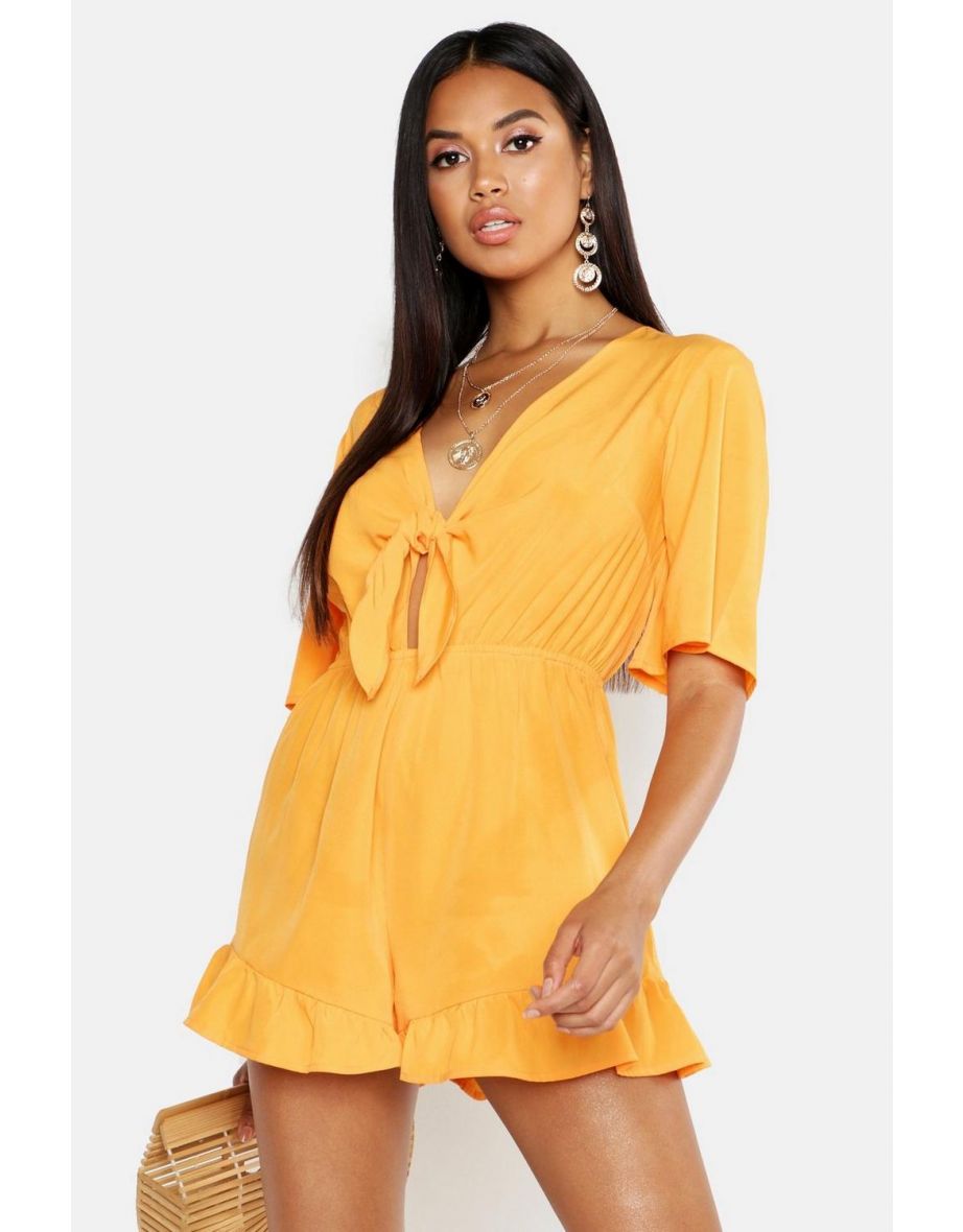 Ruffle Hem Knot Front Playsuit - orange