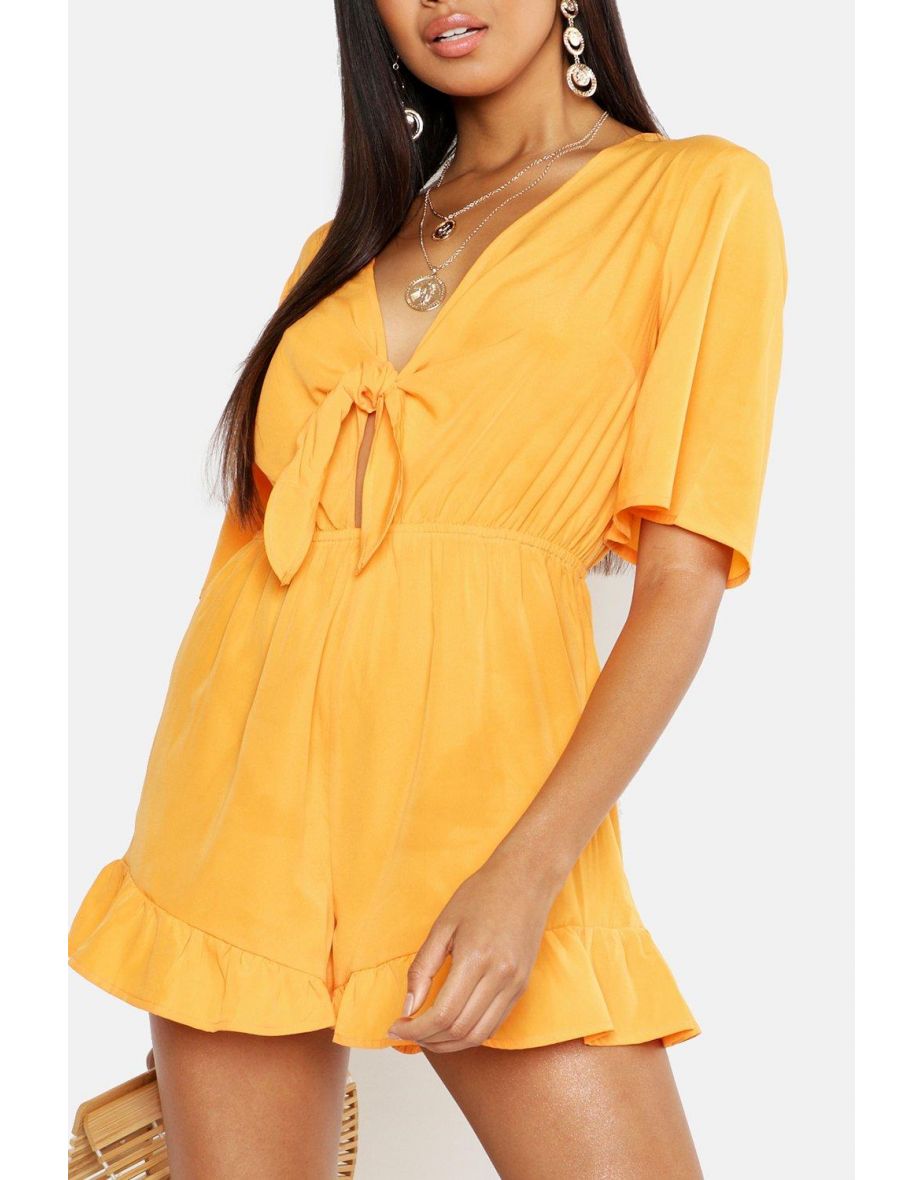 Ruffle Hem Knot Front Playsuit - orange - 3