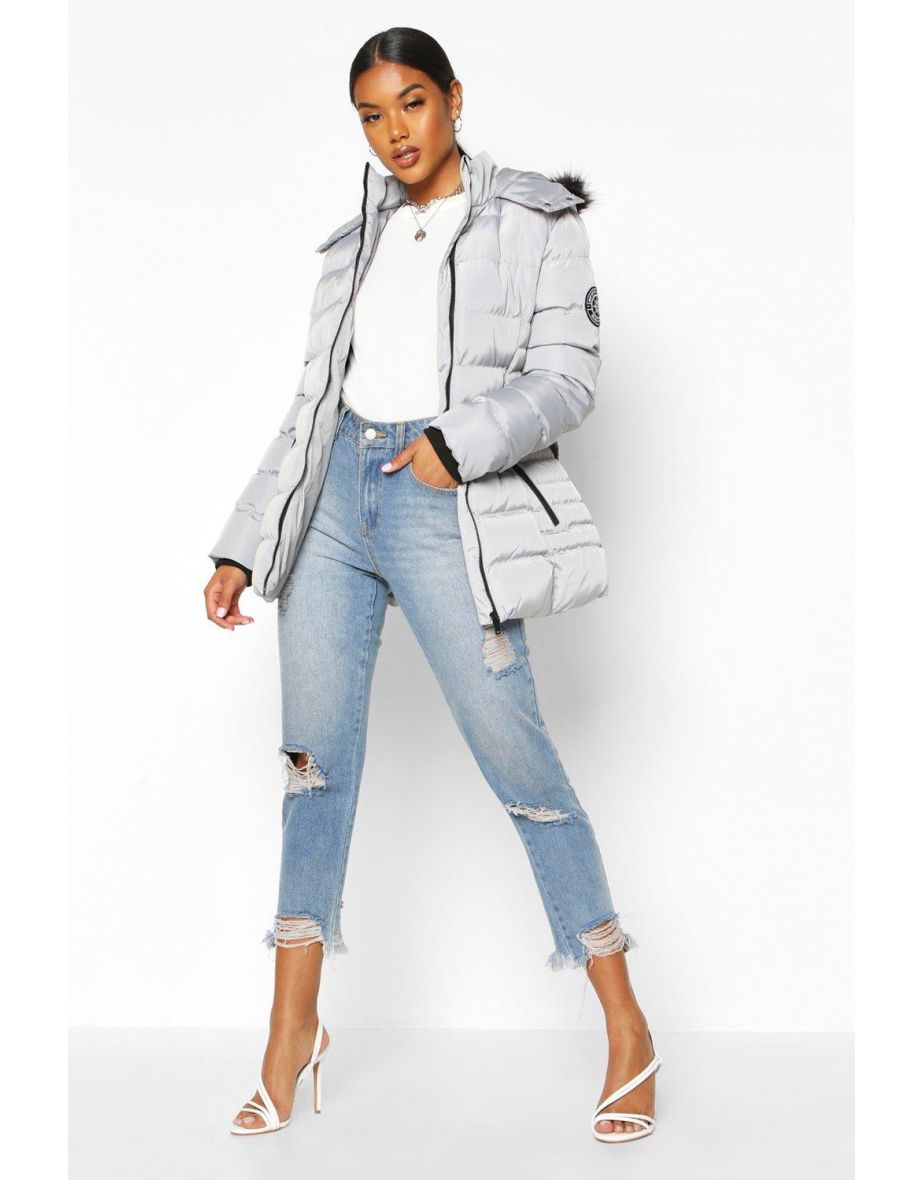 Faux Fur Hooded Belted Parka - grey