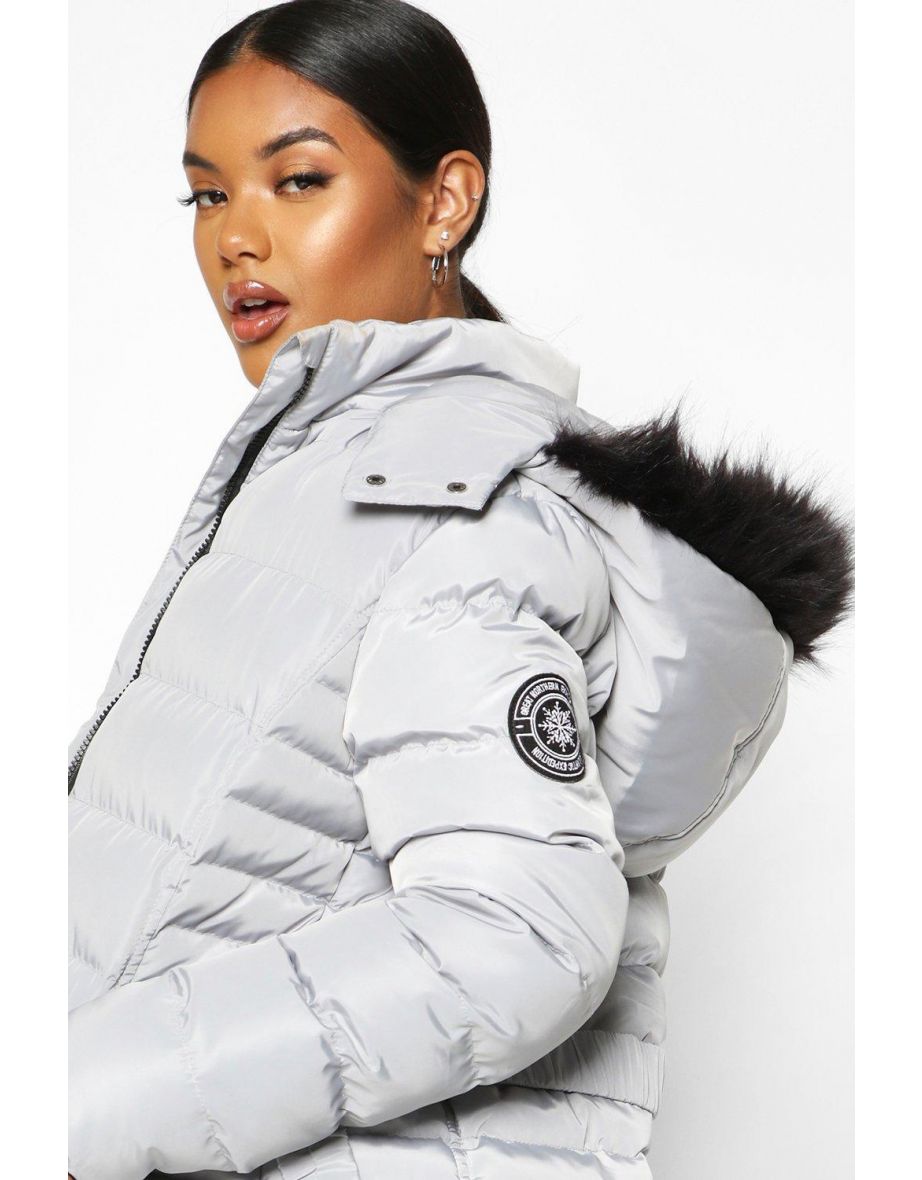 Faux Fur Hooded Belted Parka - grey - 3