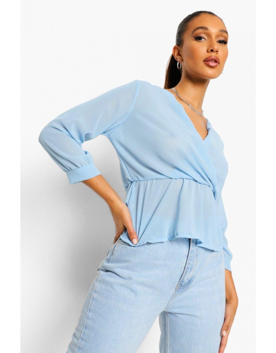 Woven Wrap Peplum Blouse - light blue