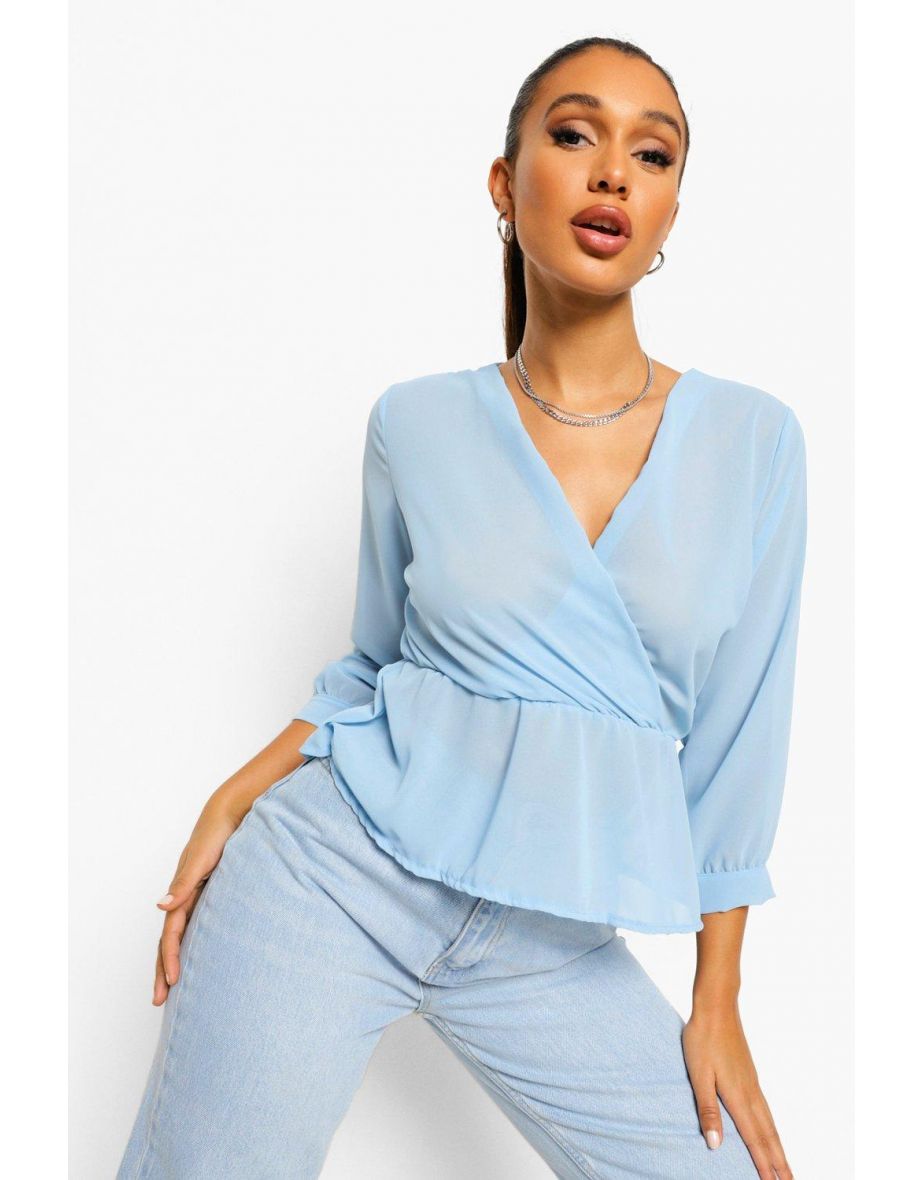 Woven Wrap Peplum Blouse - light blue - 3