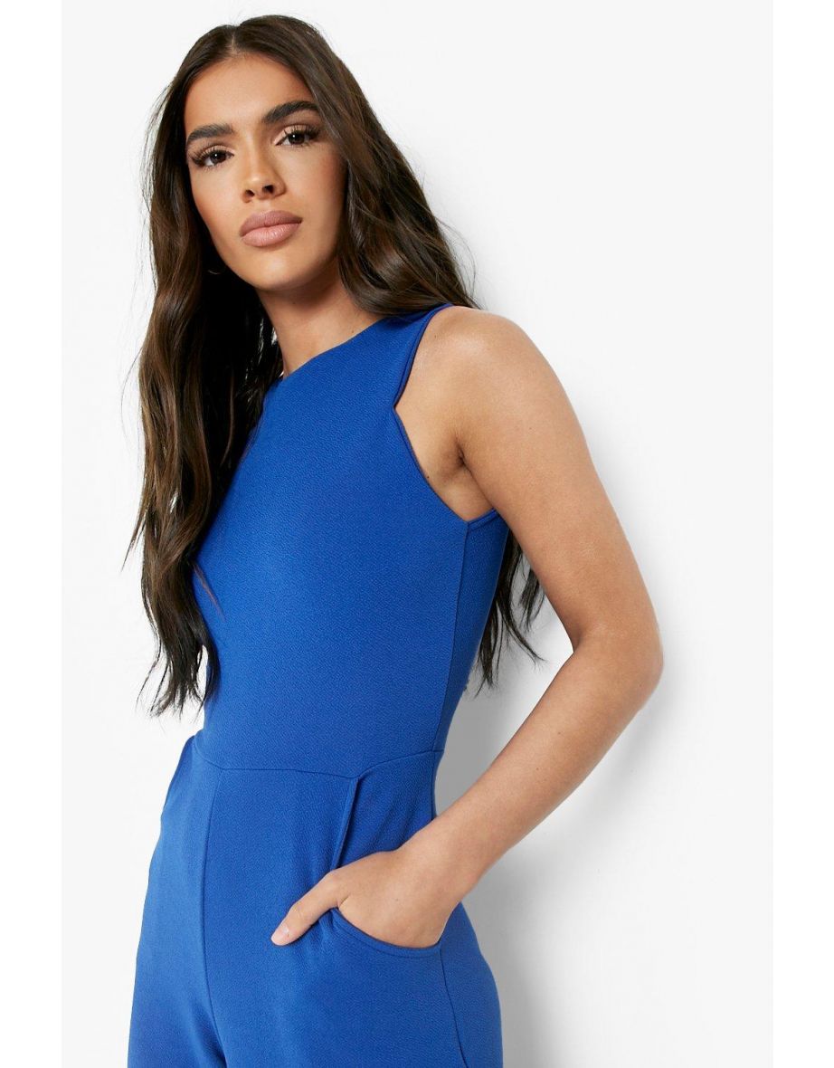 Round Neck Textured Jumpsuit - cobalt - 3
