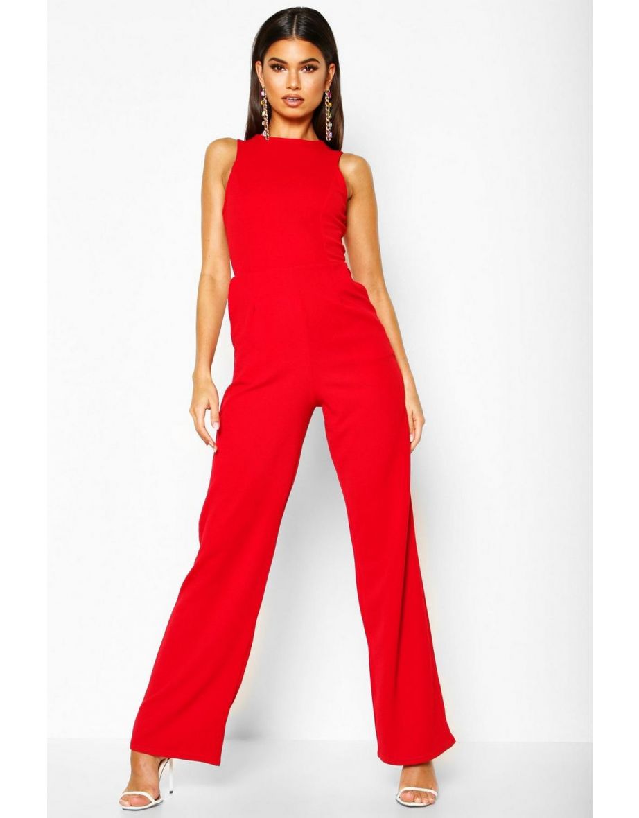Round Neck Textured Jumpsuit - red