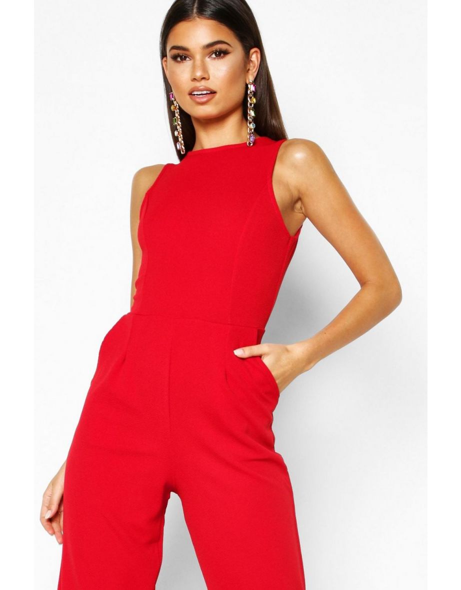 Round Neck Textured Jumpsuit - red - 3