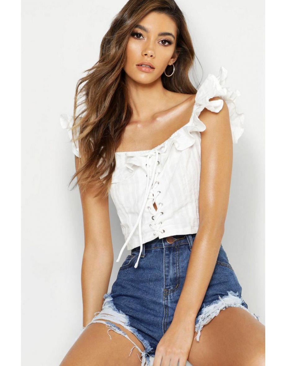 Striped Feel Lace Up Bardot Crop Top - white