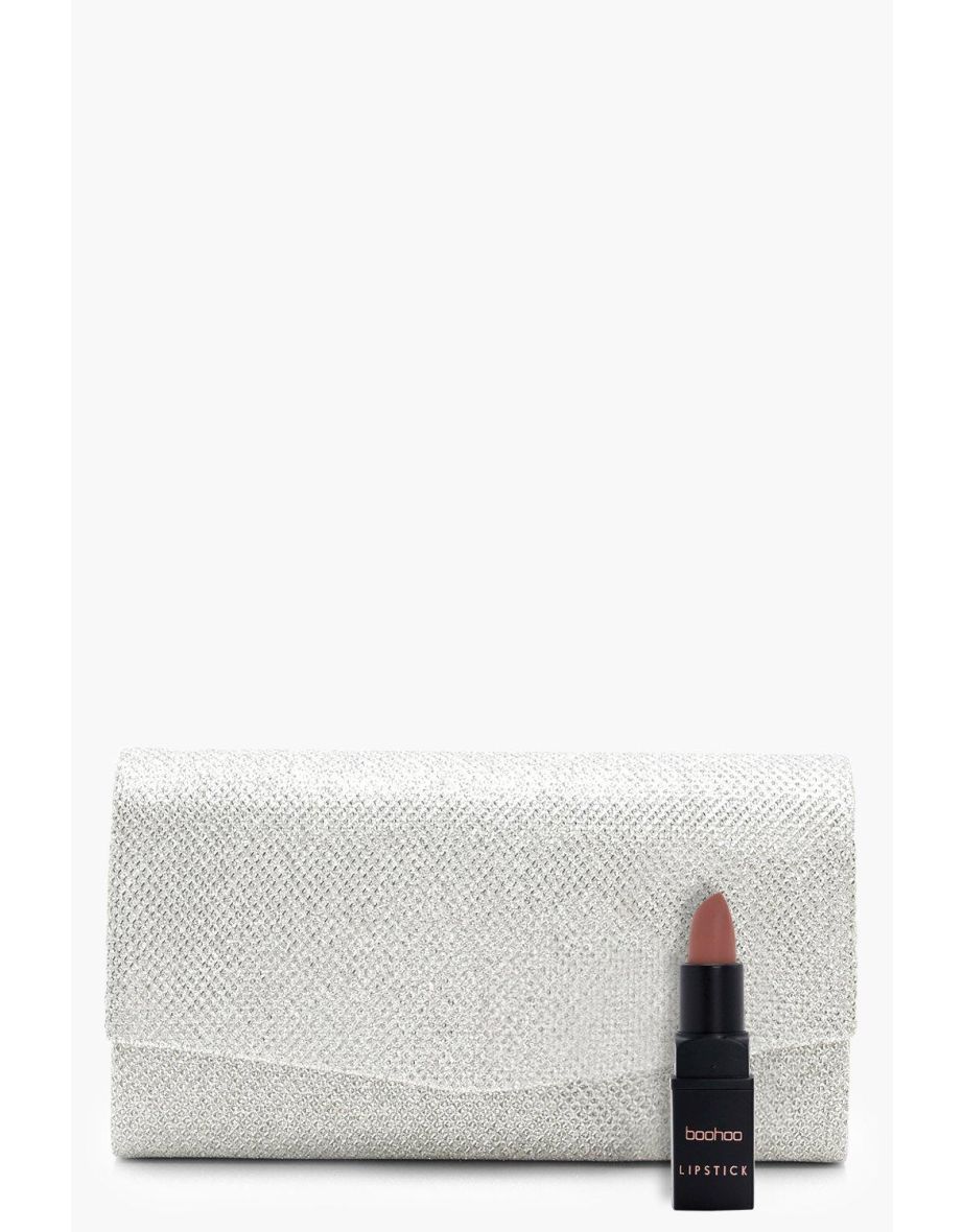 Structured Metallic Clutch Bag & Chain - silver - 3