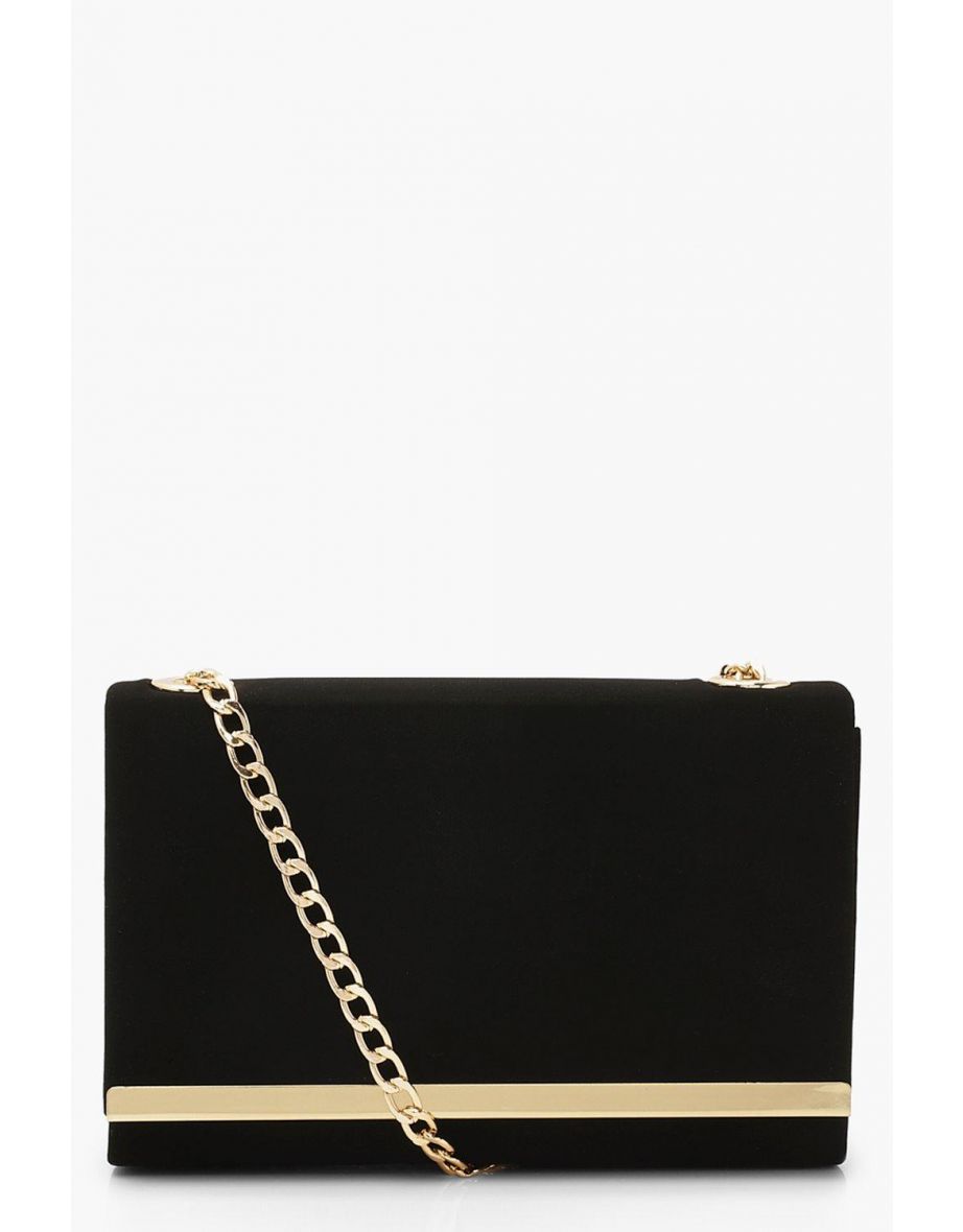 Structured Suedette Clutch Bag and Chain - black