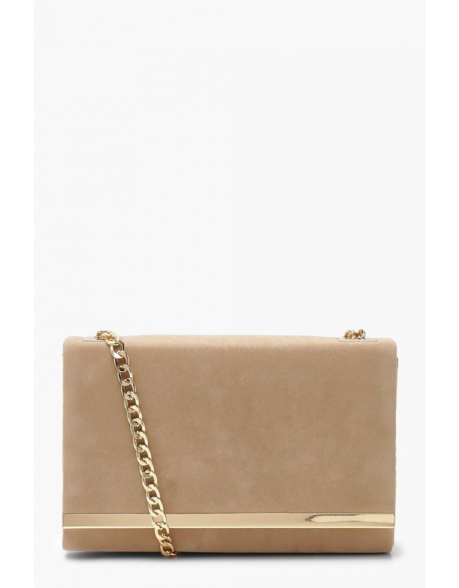 Structured Suedette Clutch Bag and Chain - taupe