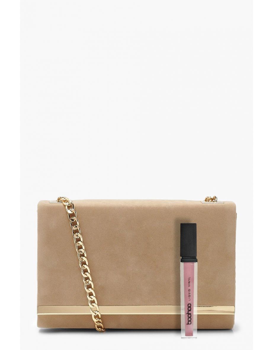 Structured Suedette Clutch Bag and Chain - taupe - 3