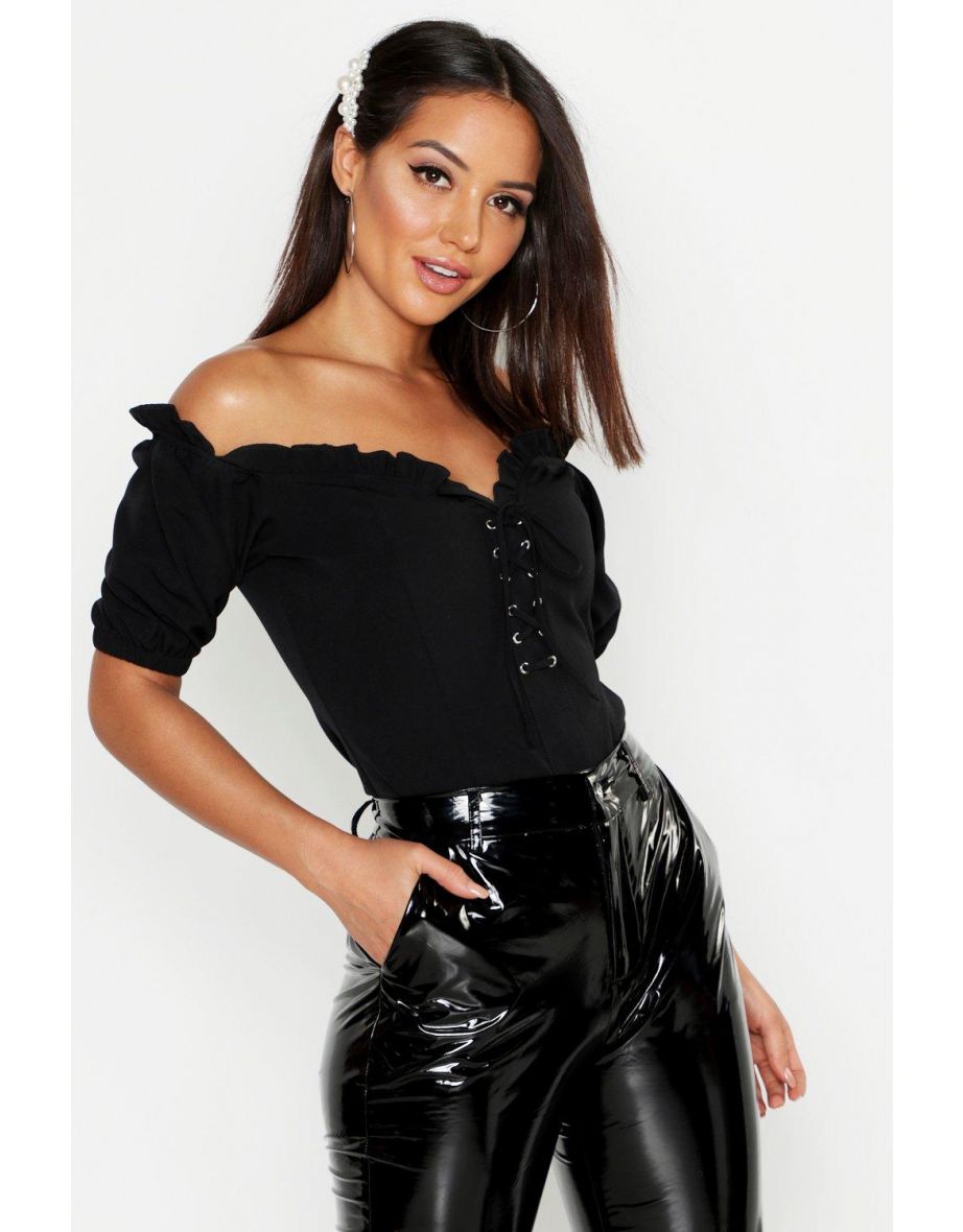 Lace Up Sweetheart Neckline Off Shoulder Top - black