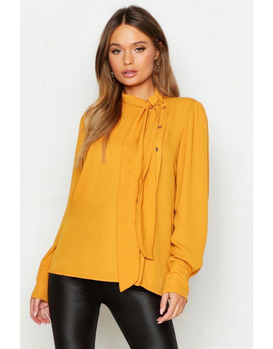 Woven Bow Button Detail Blouse - mustard