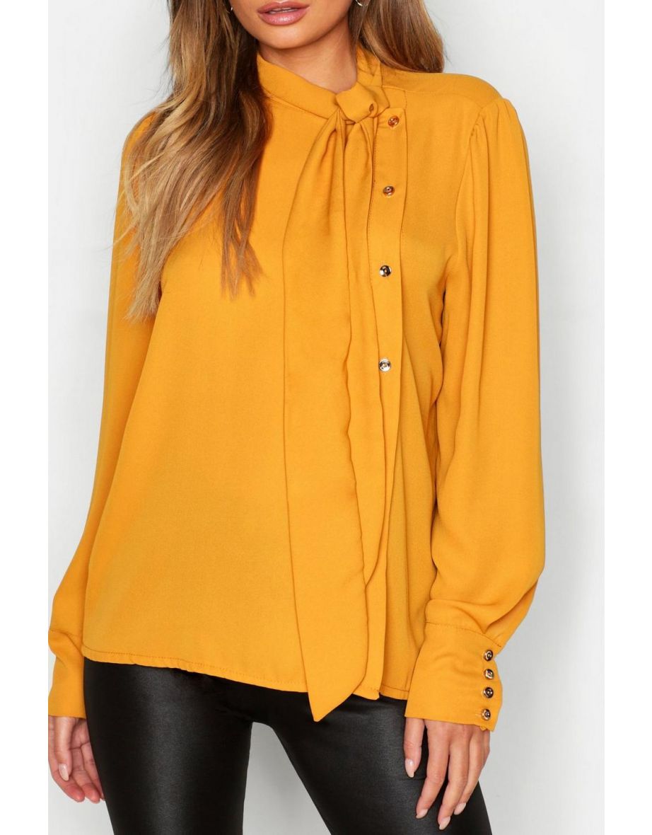 Woven Bow Button Detail Blouse - mustard - 3
