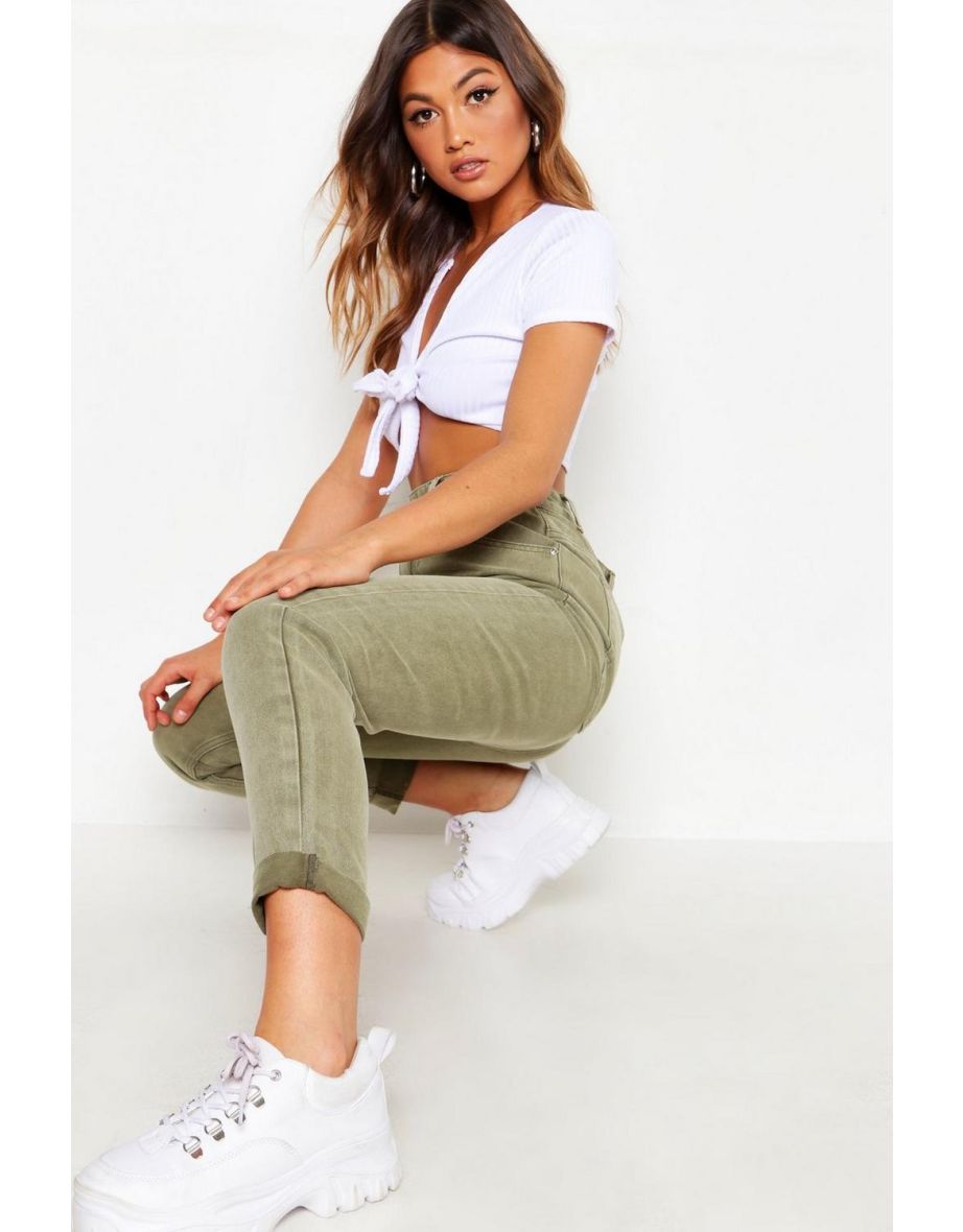 High Waist Distressed Rigid Mom Jeans - khaki - 3