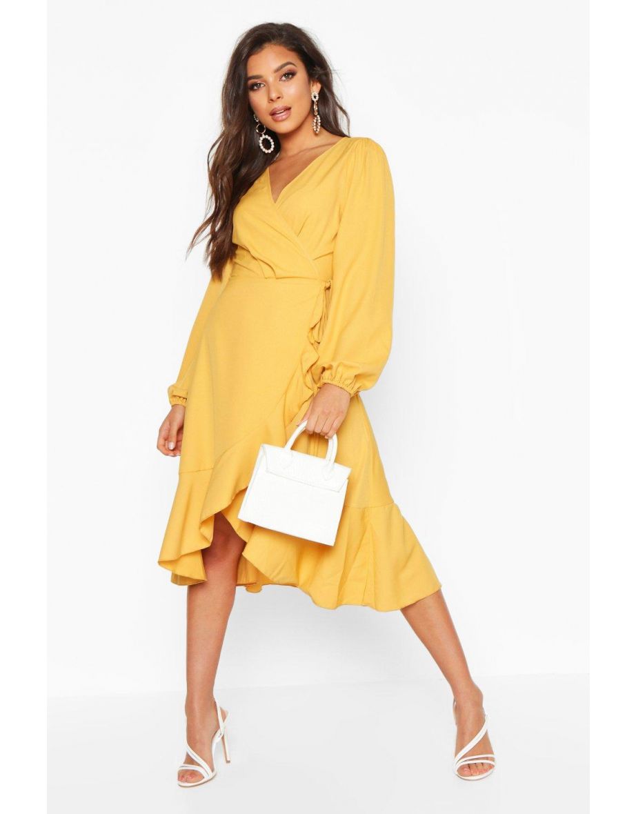 Crepe Ruffle Wrap Midi Skater Dress - mustard - 3