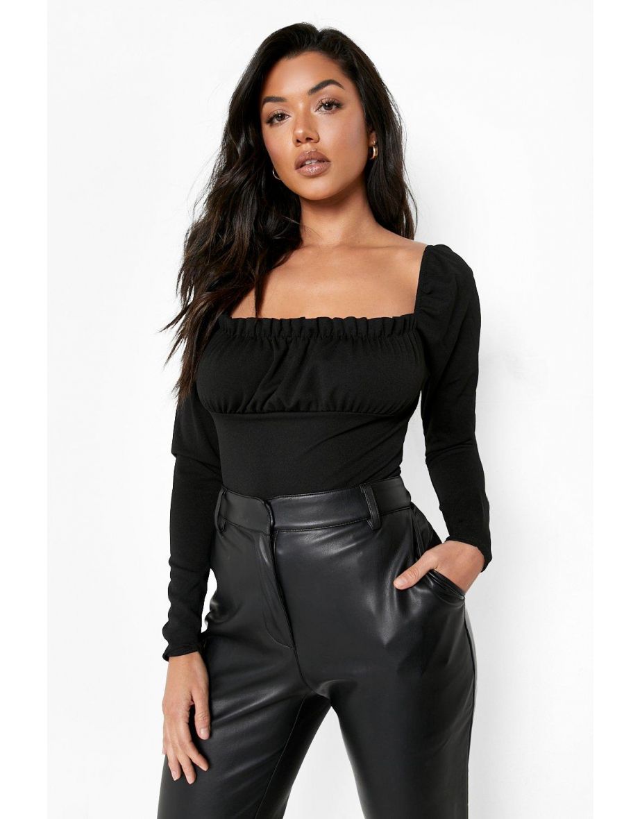 Scuba Crepe Puff Sleeve Bodysuit - black