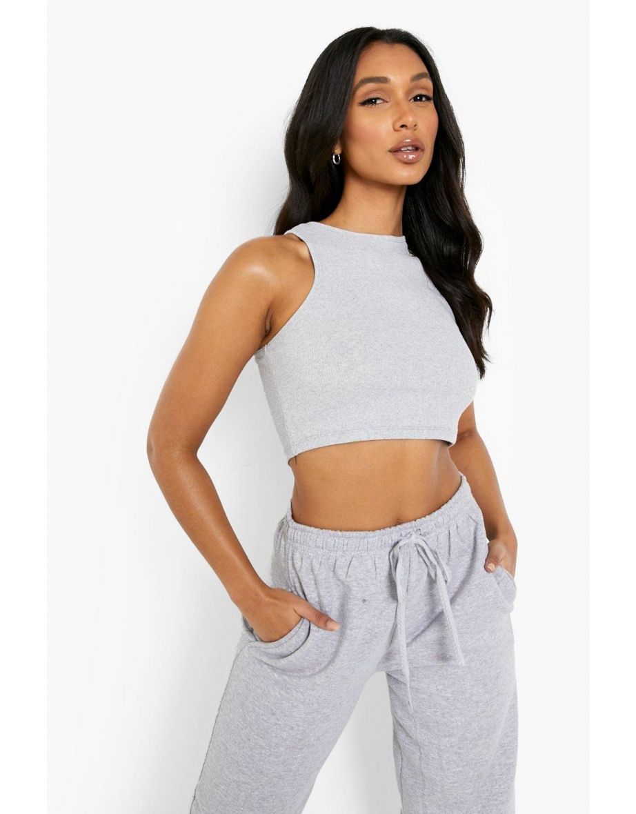 Racer Neck Rib Crop Top - ash grey - 3