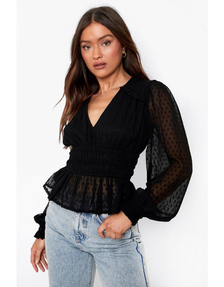 Dobby Mesh Long Sleeve Blouse - black