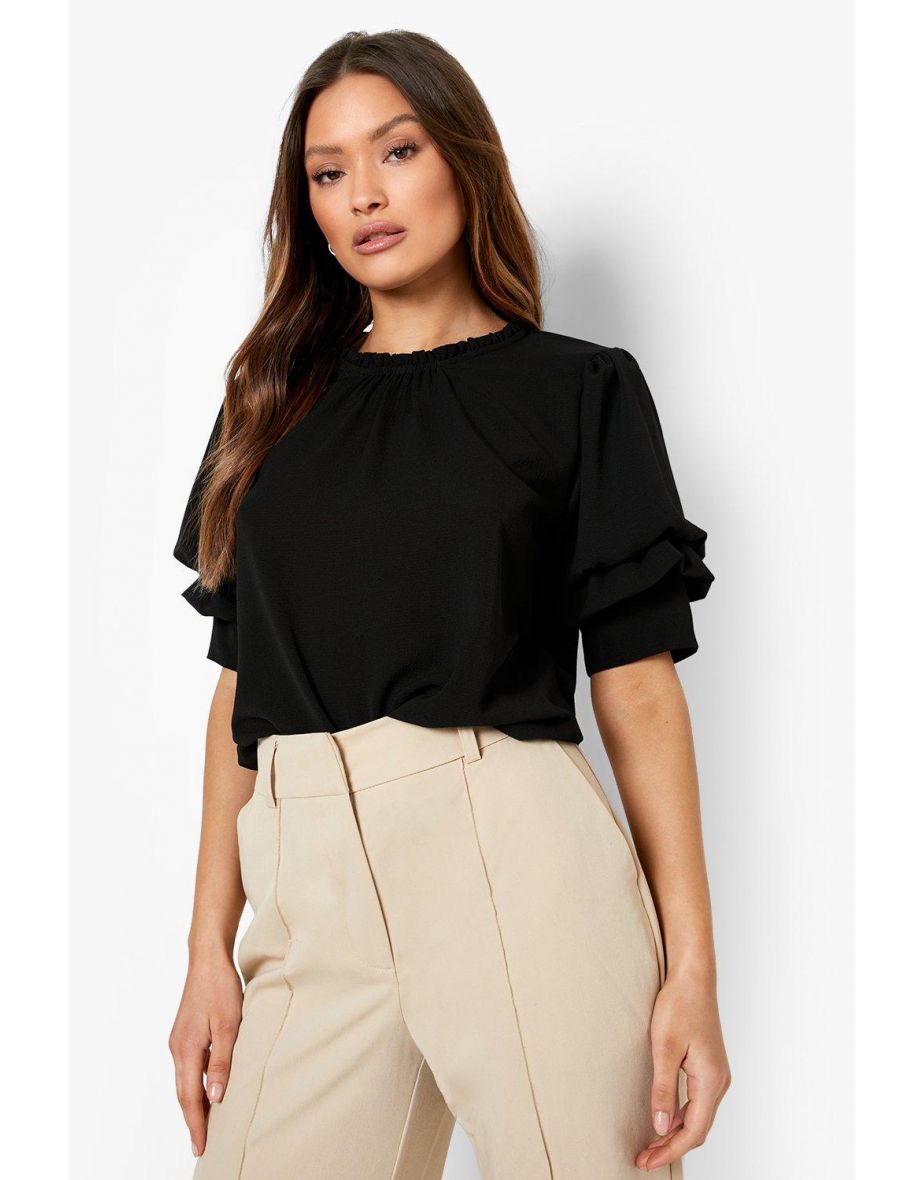 Ruffle Neck Volume Sleeve Blouse - black