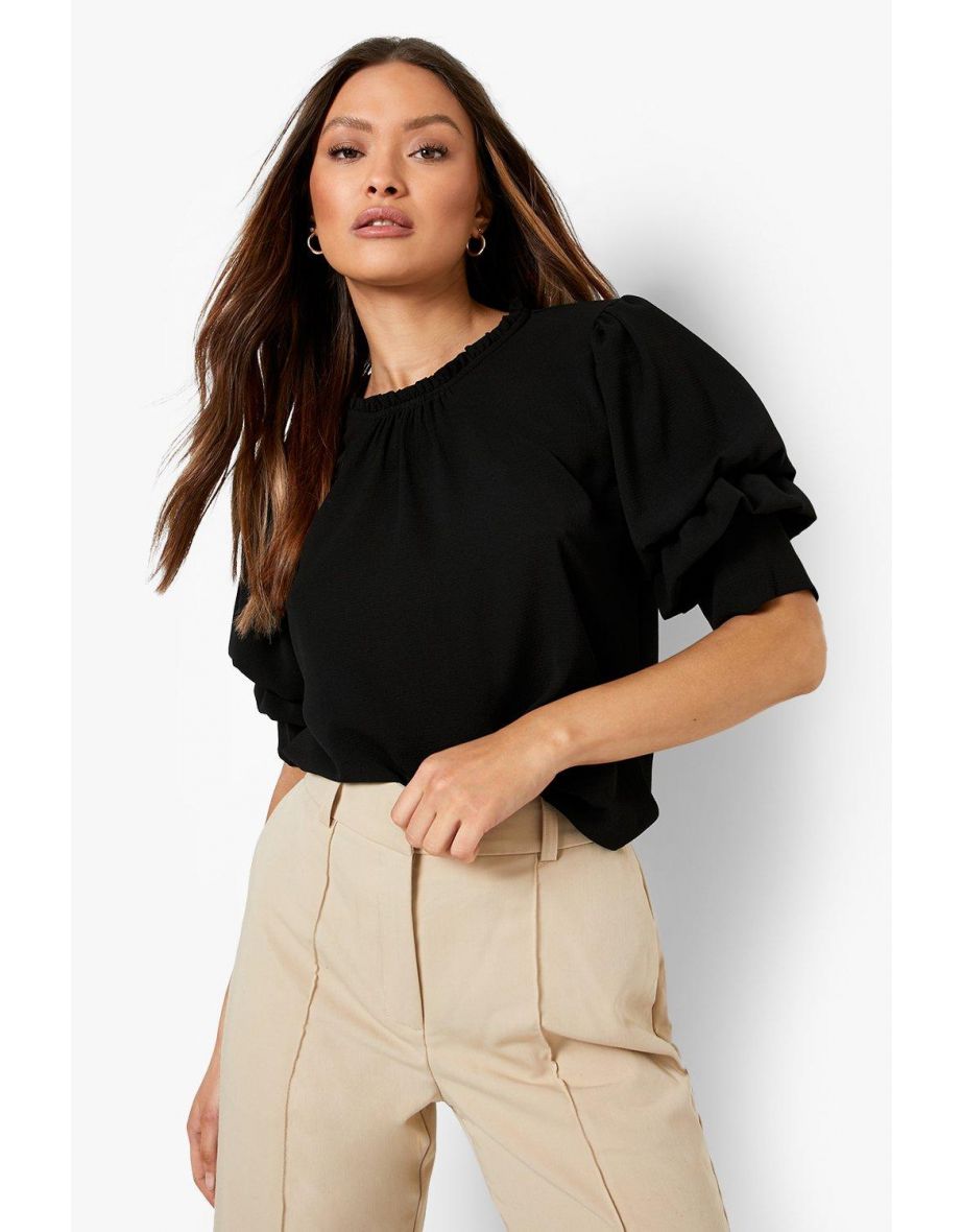 Ruffle Neck Volume Sleeve Blouse - black - 3