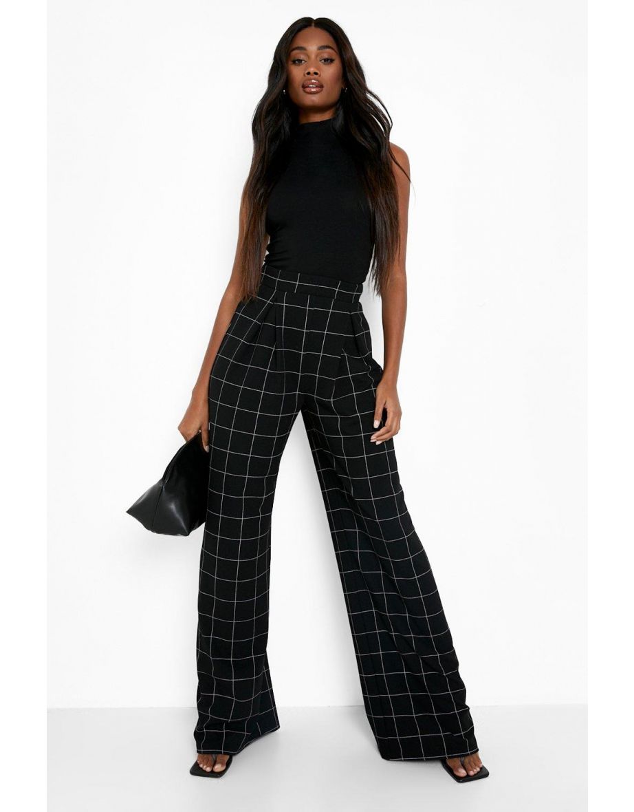 Grid Check Print Pleat Front Wide Leg Trouser - black