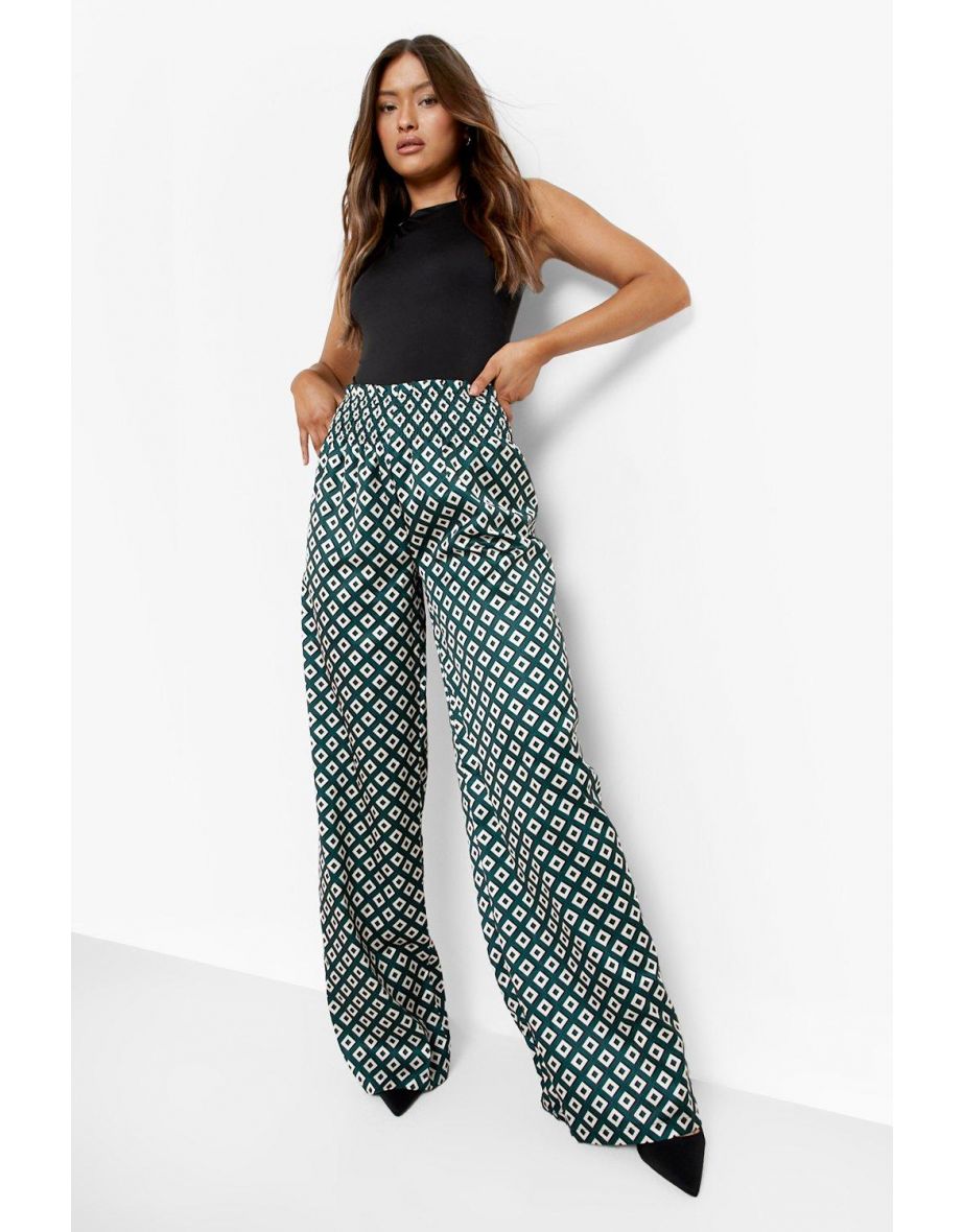 Satin Print Wide Leg Relaxed Trouser - green - 3
