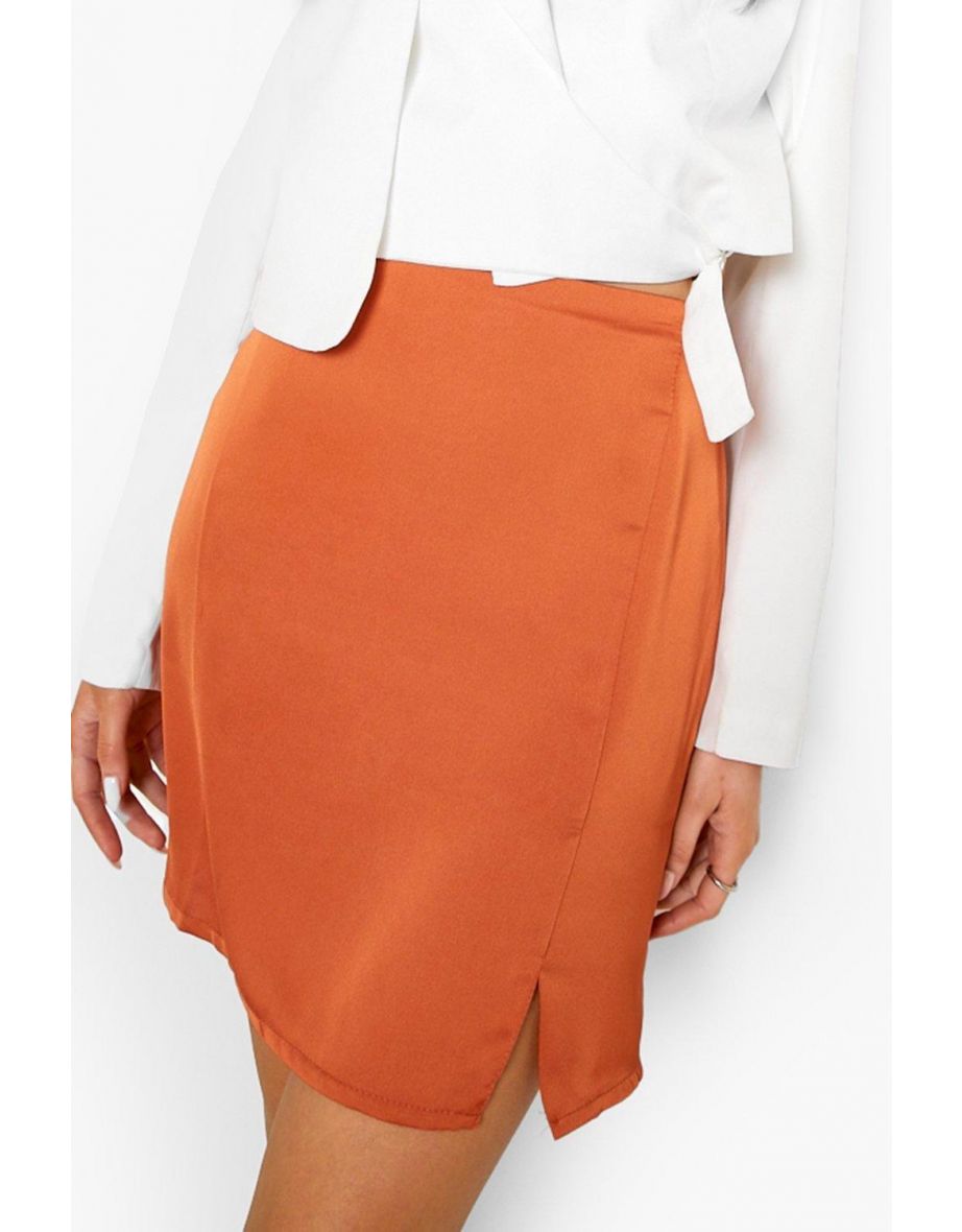 Curved Hem Satin Mini Skirt - orange - 3