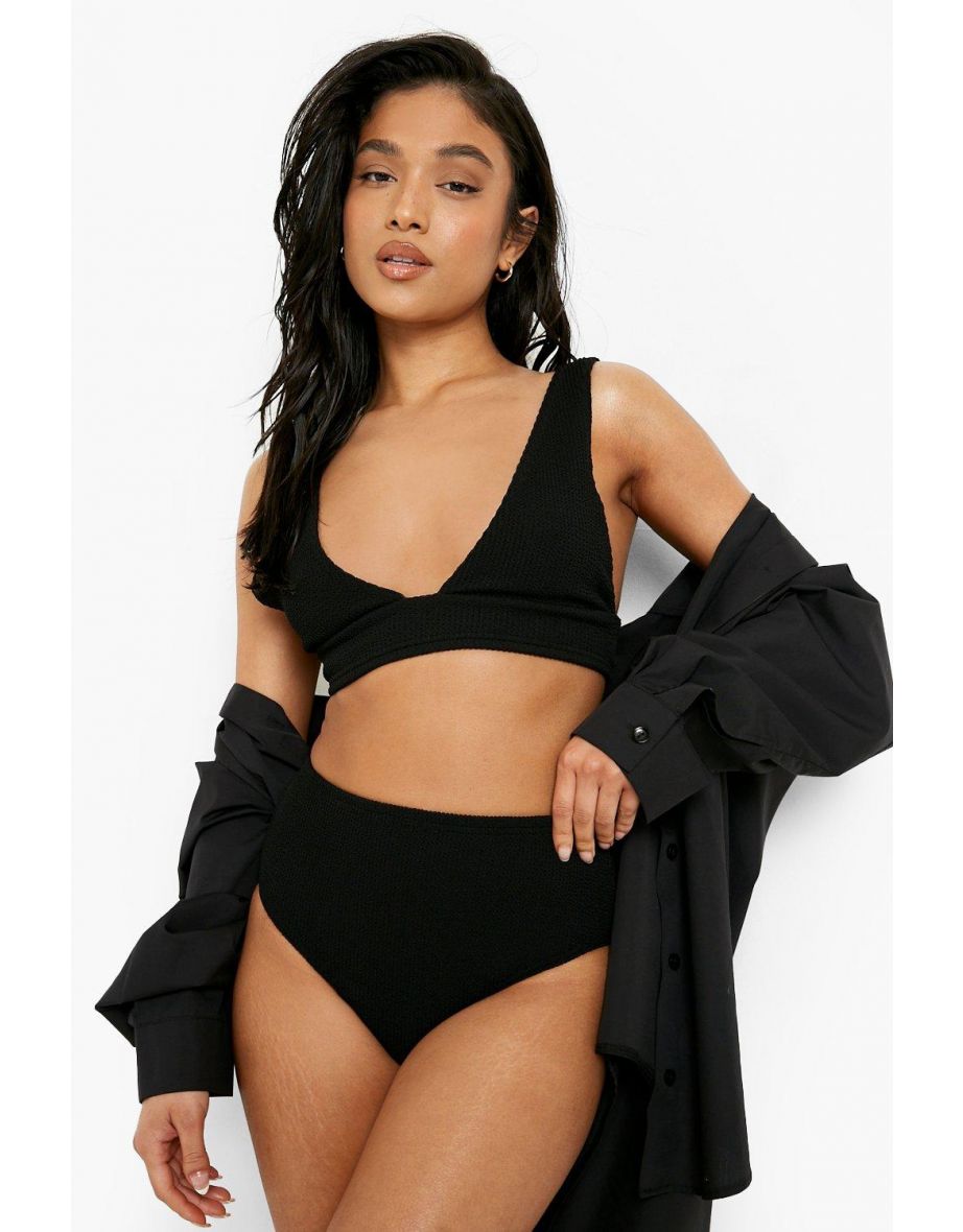 Petite Crinkle Plunge Bikini Top - black