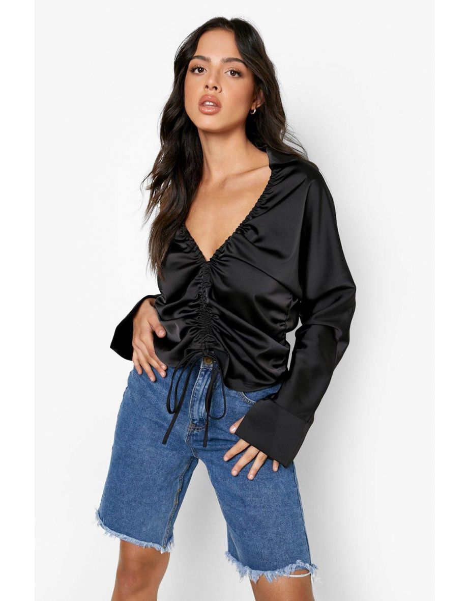 Premium Ruched Front Matte Satin Shirt - black