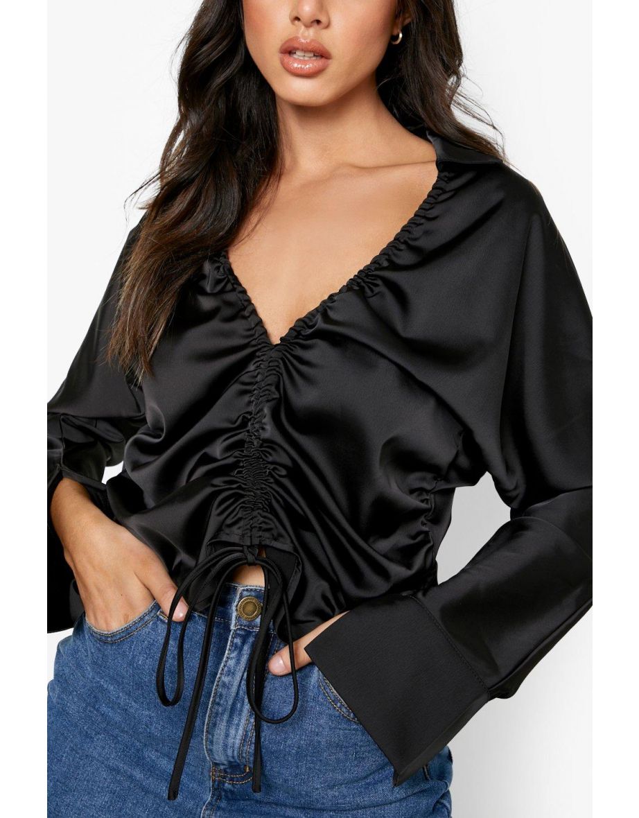Premium Ruched Front Matte Satin Shirt - black - 3
