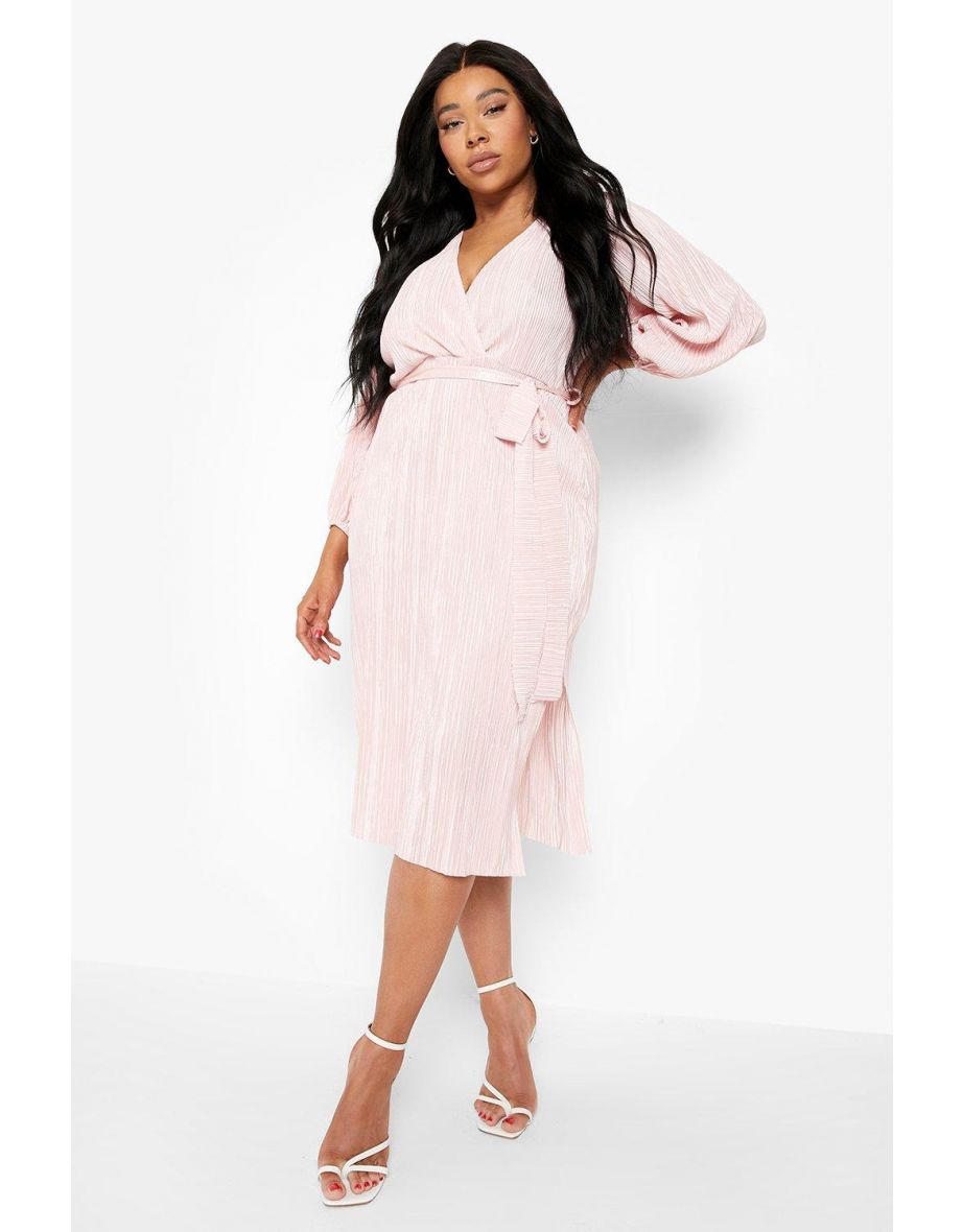 Plus Plisse Tie Belt Wrap Midi Dress - blush