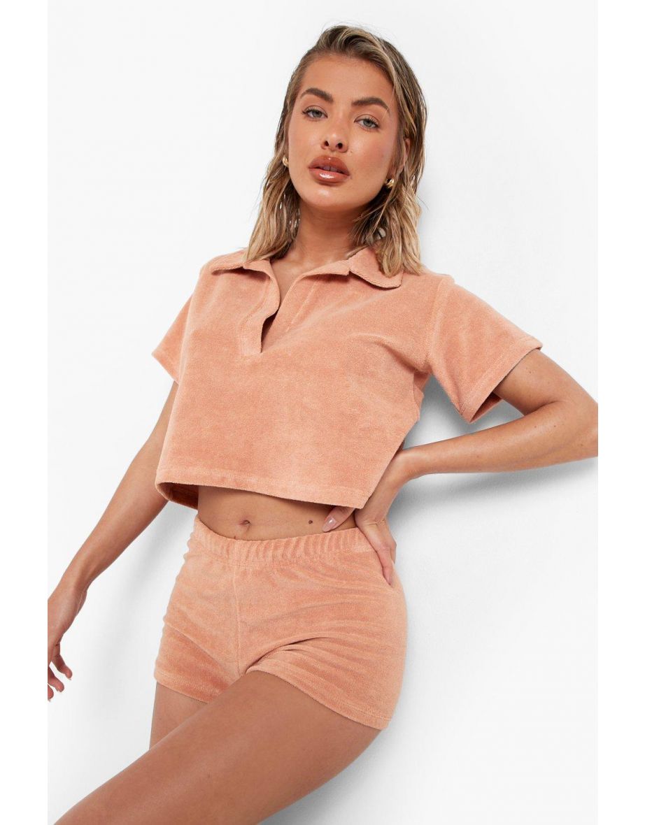 Towelling Polo Beach Crop Top - mocha