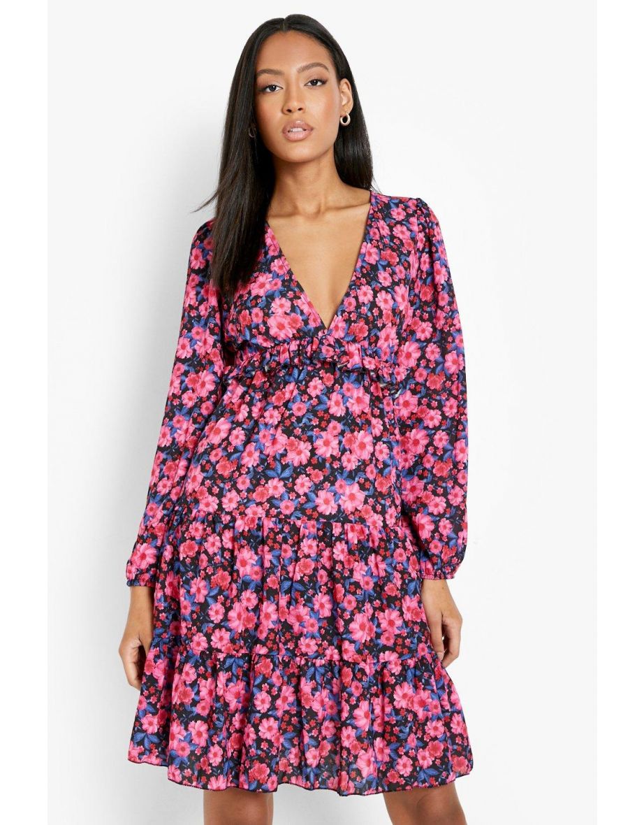 Tall Pink Floral Ruffle Smock Dress - pink