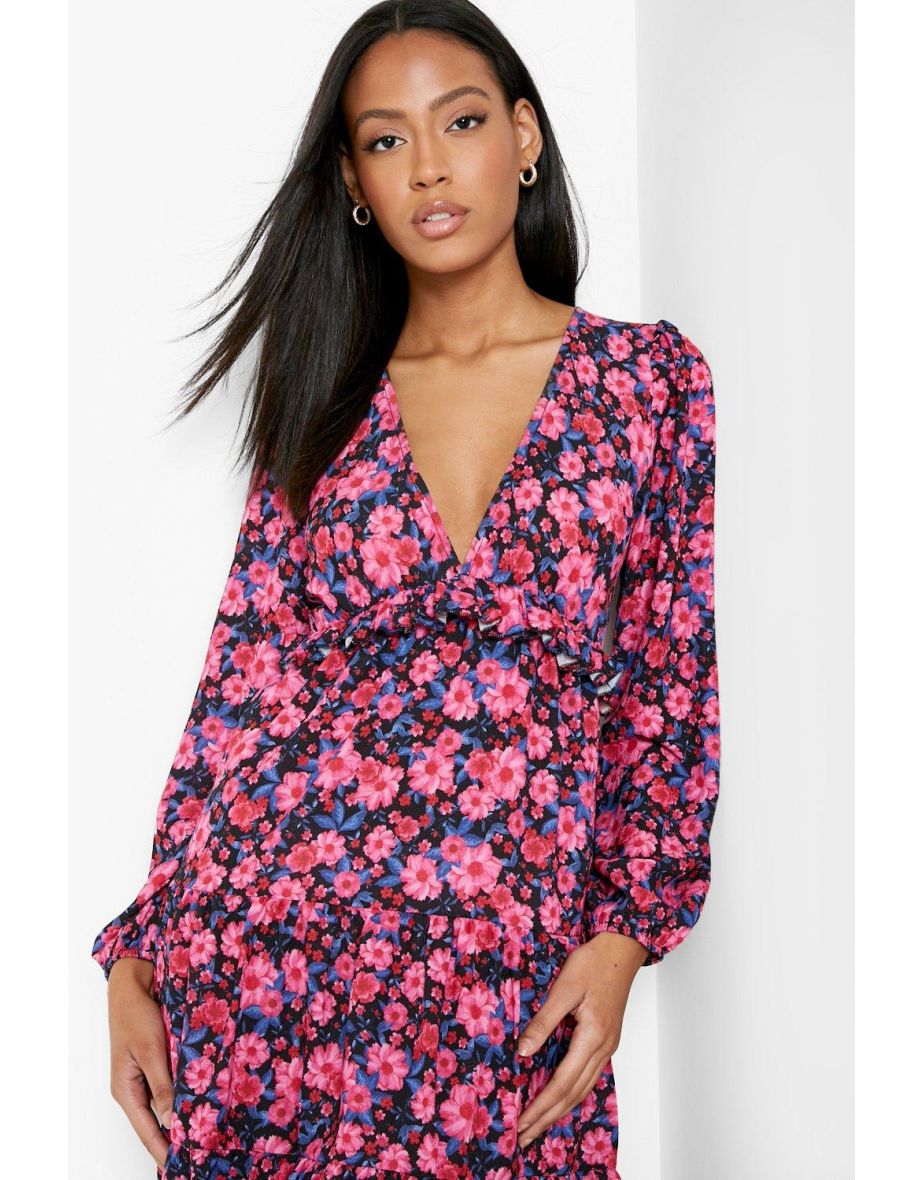 Tall Pink Floral Ruffle Smock Dress - pink - 3