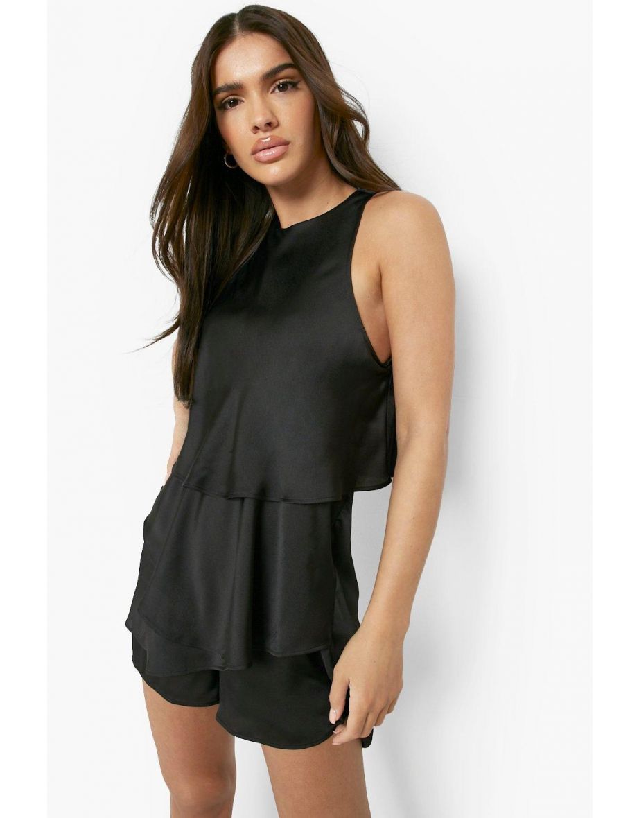 Satin Sleeveless Tiered Playsuit - black