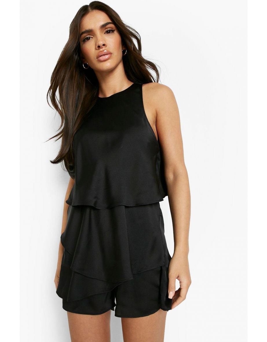 Satin Sleeveless Tiered Playsuit - black - 3