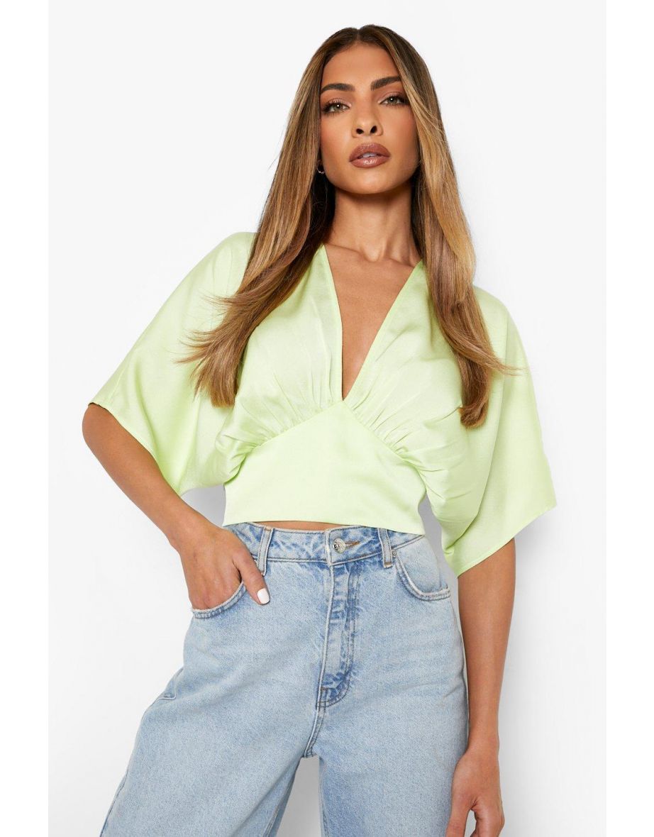 Satin Batwing Plunge Top - lime