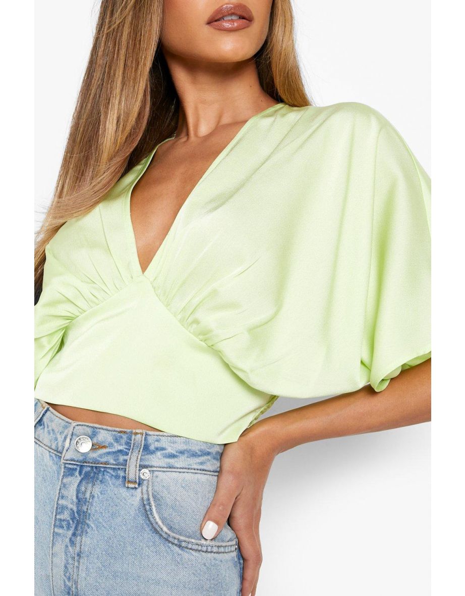 Satin Batwing Plunge Top - lime - 3