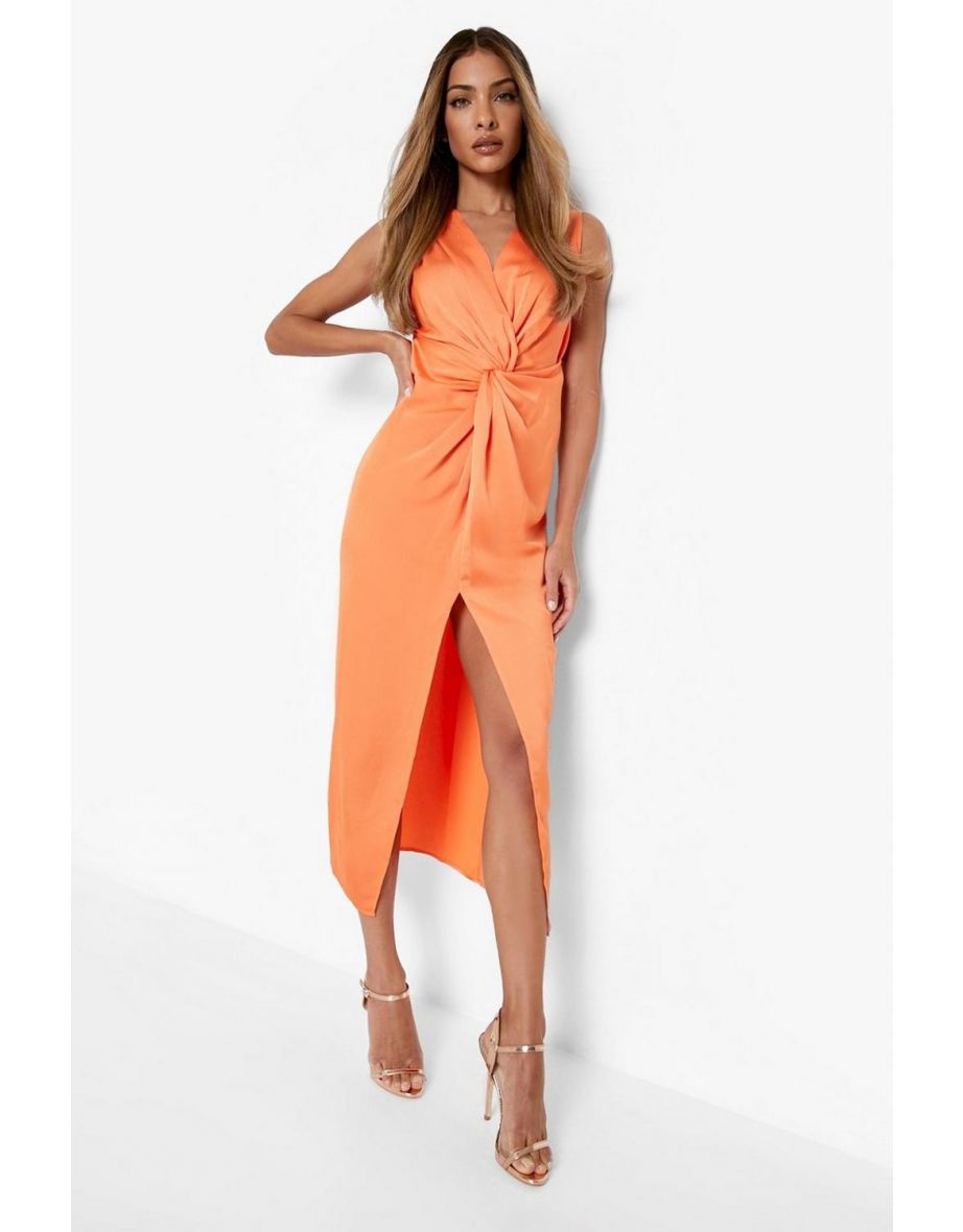 Satin Twist Plunge Midaxi Dress - mandarin