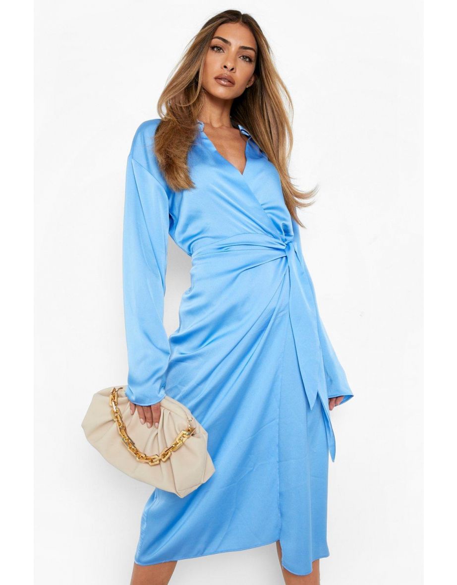 Satin Wrap Midaxi Shirt Dress - sky - 3