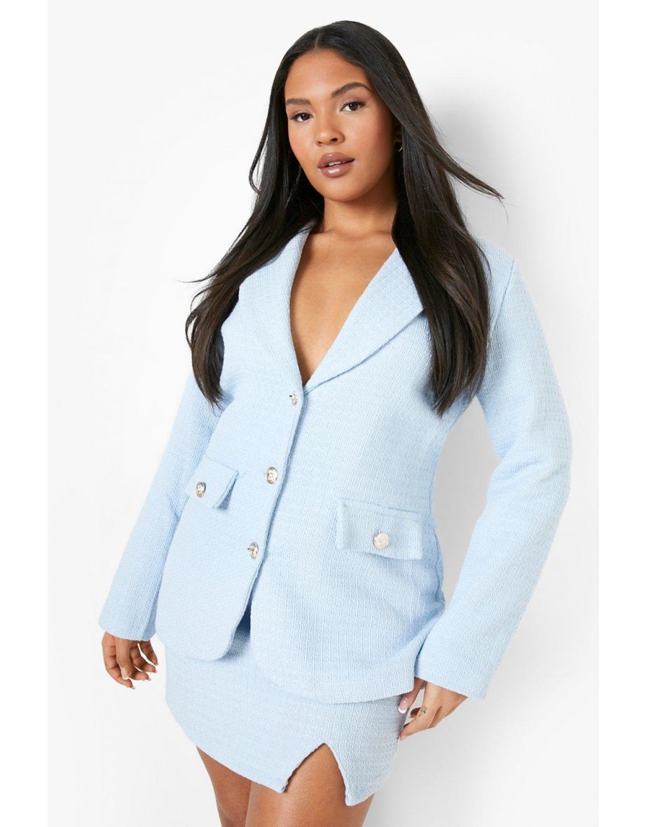 Plus Boucle Double Breasted Blazer - baby blue