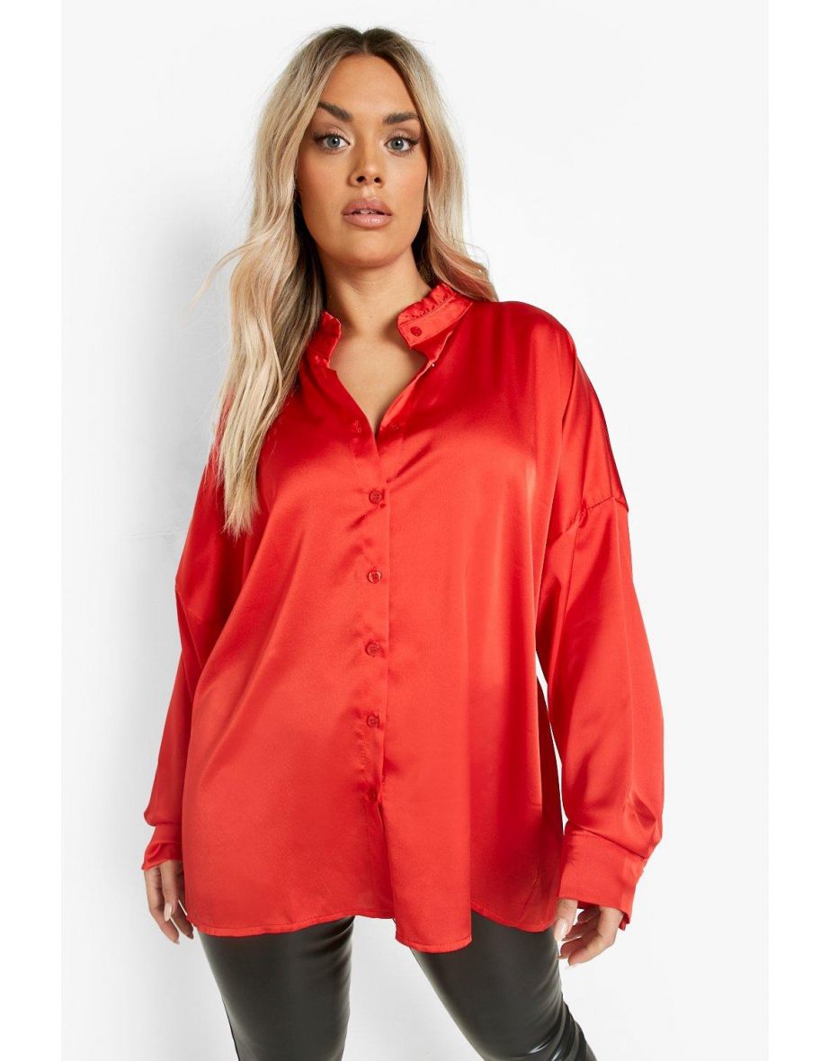 Plus Oversized Satin Shirt - red